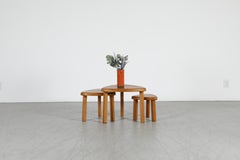 Pierre Chapo Style Brutalist Oak Triangular Nesting Tables, Set of 3
