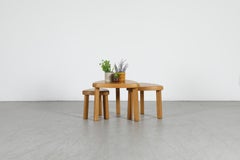 Pierre Chapo Style Brutalist Oak Triangular Nesting Tables, Set of 3