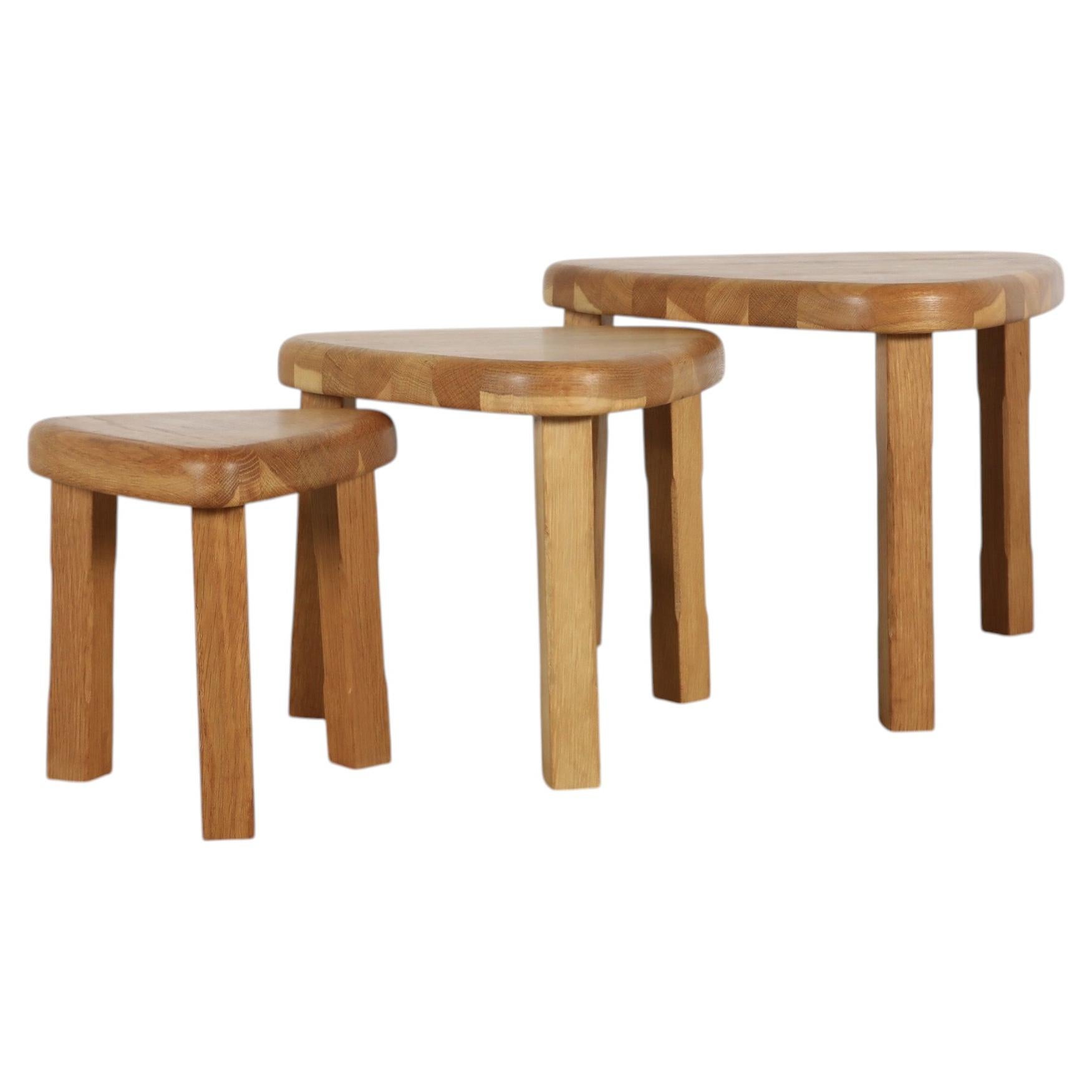 Pierre Chapo Style Brutalist Oak Triangular Nesting Tables, Set of 3