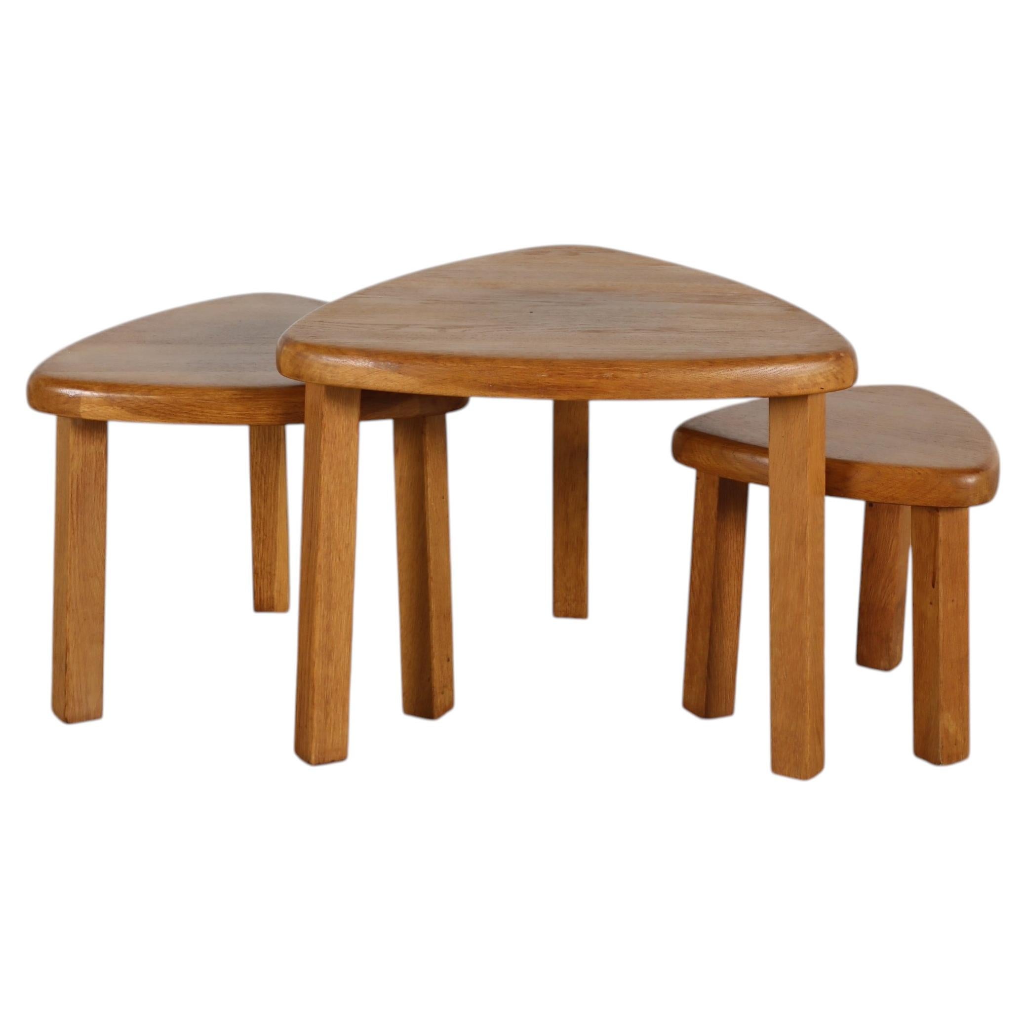 Pierre Chapo Style Brutalist Oak Triangular Nesting Tables, Set of 3