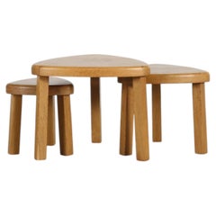 Pierre Chapo Style Brutalist Oak Triangular Nesting Tables, Set of 3