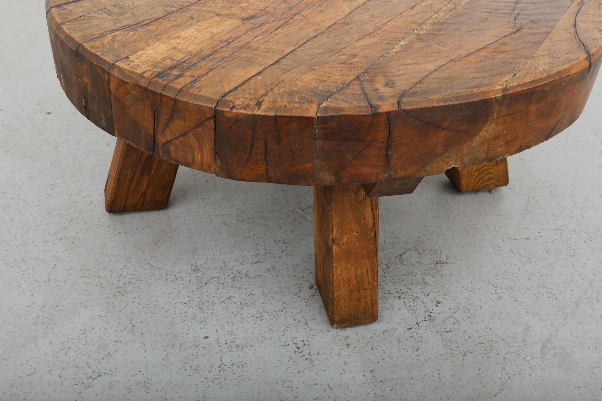 Pierre Chapo Style Brutalist Round Oak Coffee Table with Thick Slab Top 5