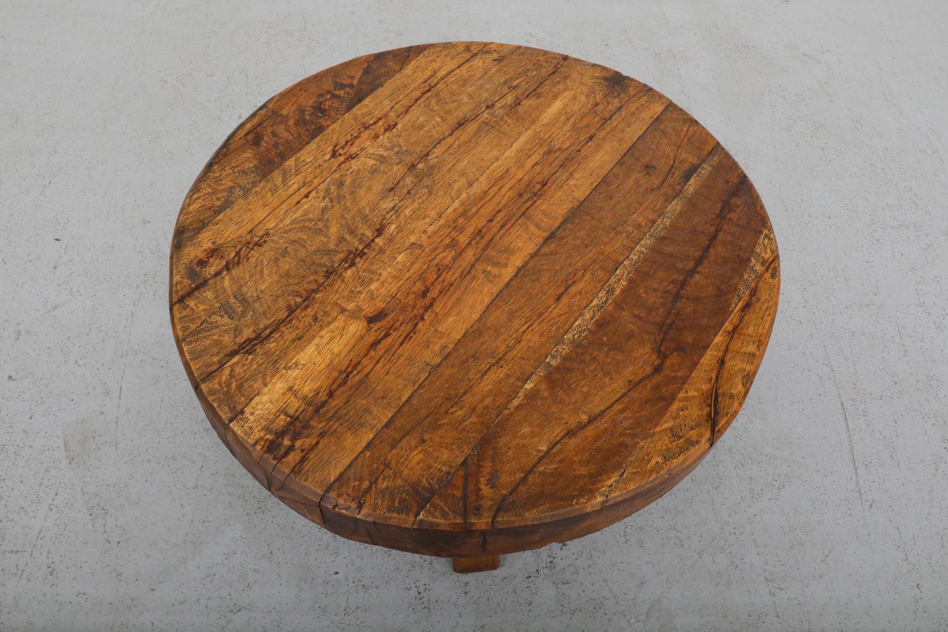 Pierre Chapo Style Brutalist Round Oak Coffee Table with Thick Slab Top 6