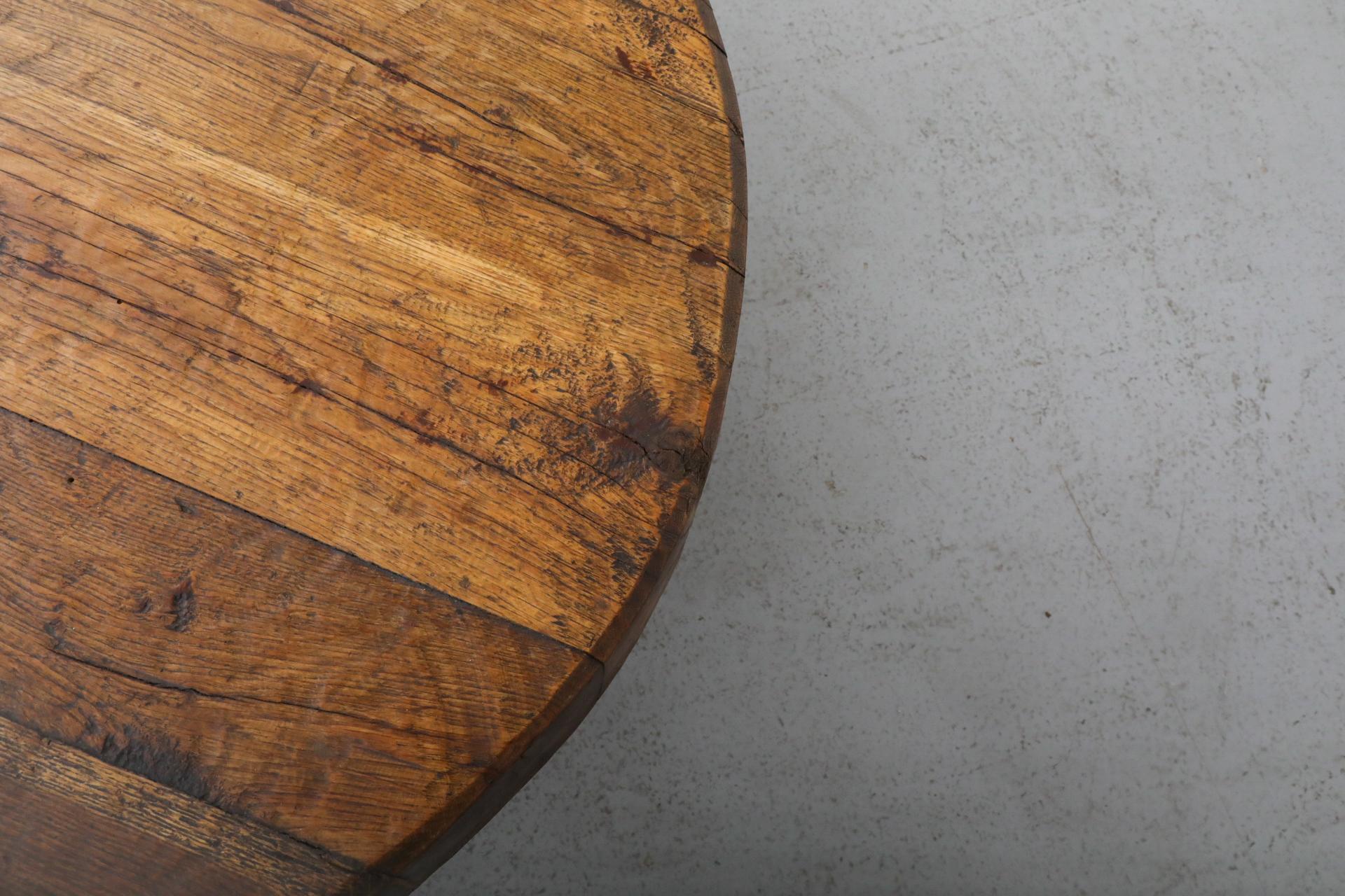 Pierre Chapo Style Brutalist Round Oak Coffee Table with Thick Slab Top 7