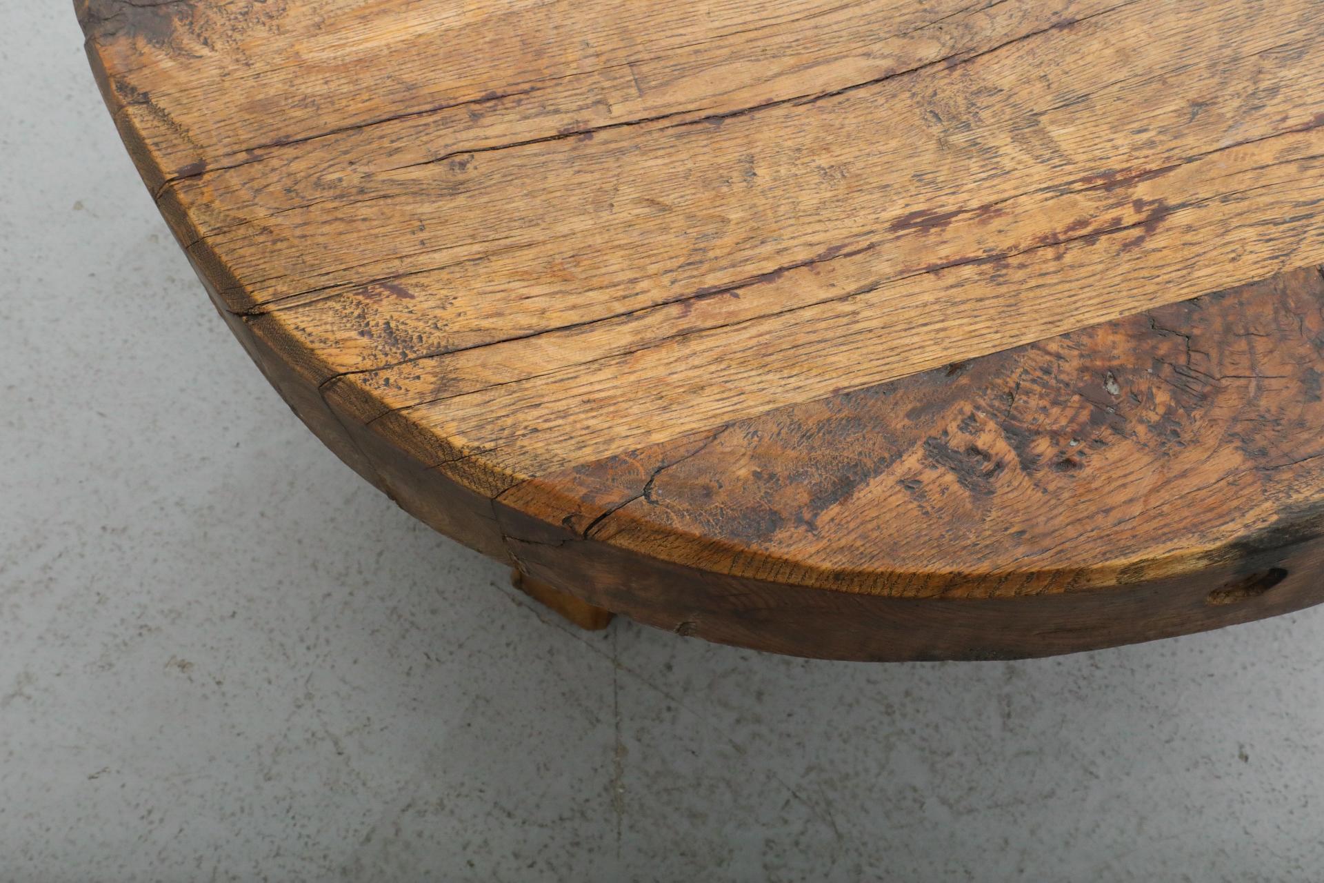 Pierre Chapo Style Brutalist Round Oak Coffee Table with Thick Slab Top 8
