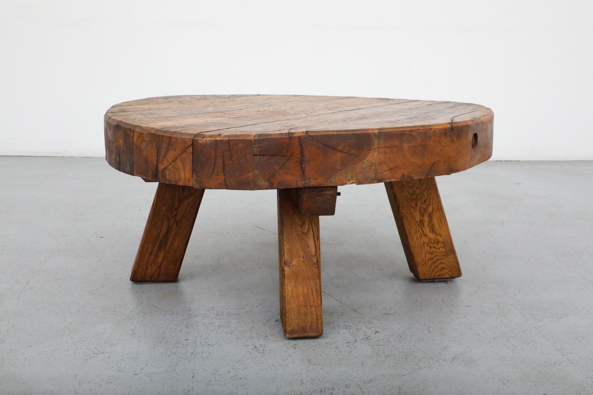 Pierre Chapo Style Brutalist Round Oak Coffee Table with Thick Slab Top 10