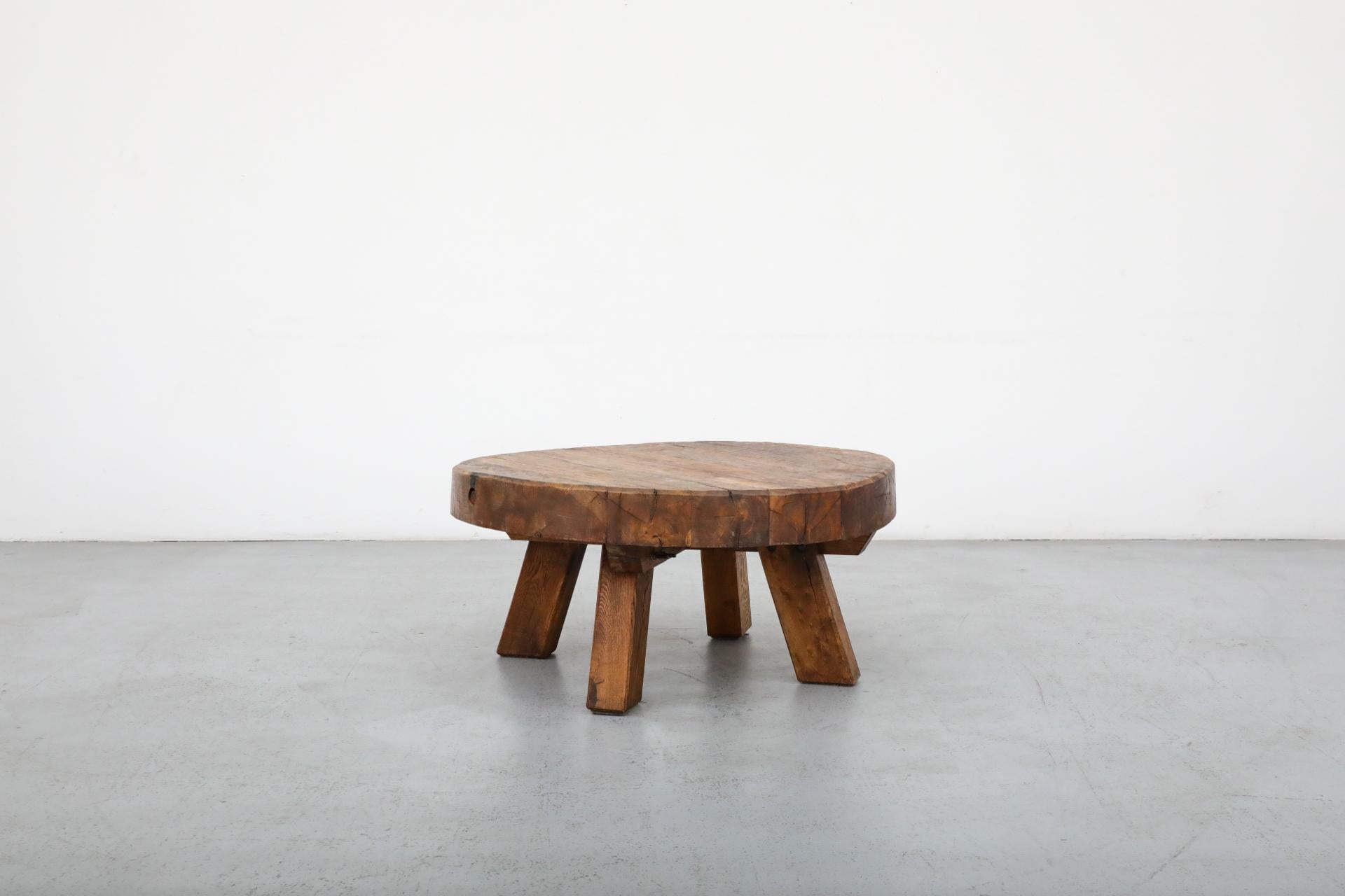 Dutch Pierre Chapo Style Brutalist Round Oak Coffee Table with Thick Slab Top