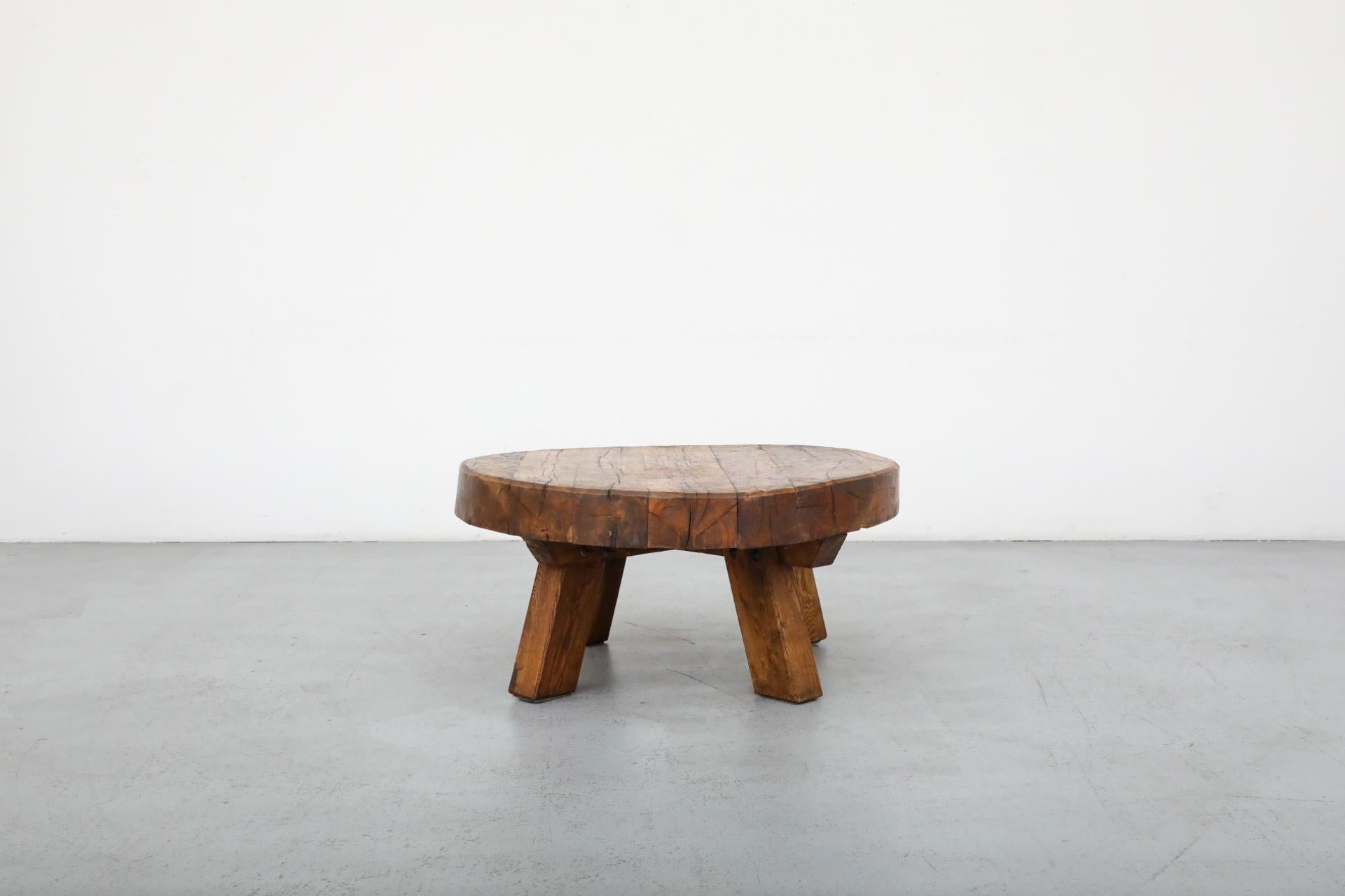 Pierre Chapo Style Brutalist Round Oak Coffee Table with Thick Slab Top In Good Condition In Los Angeles, CA