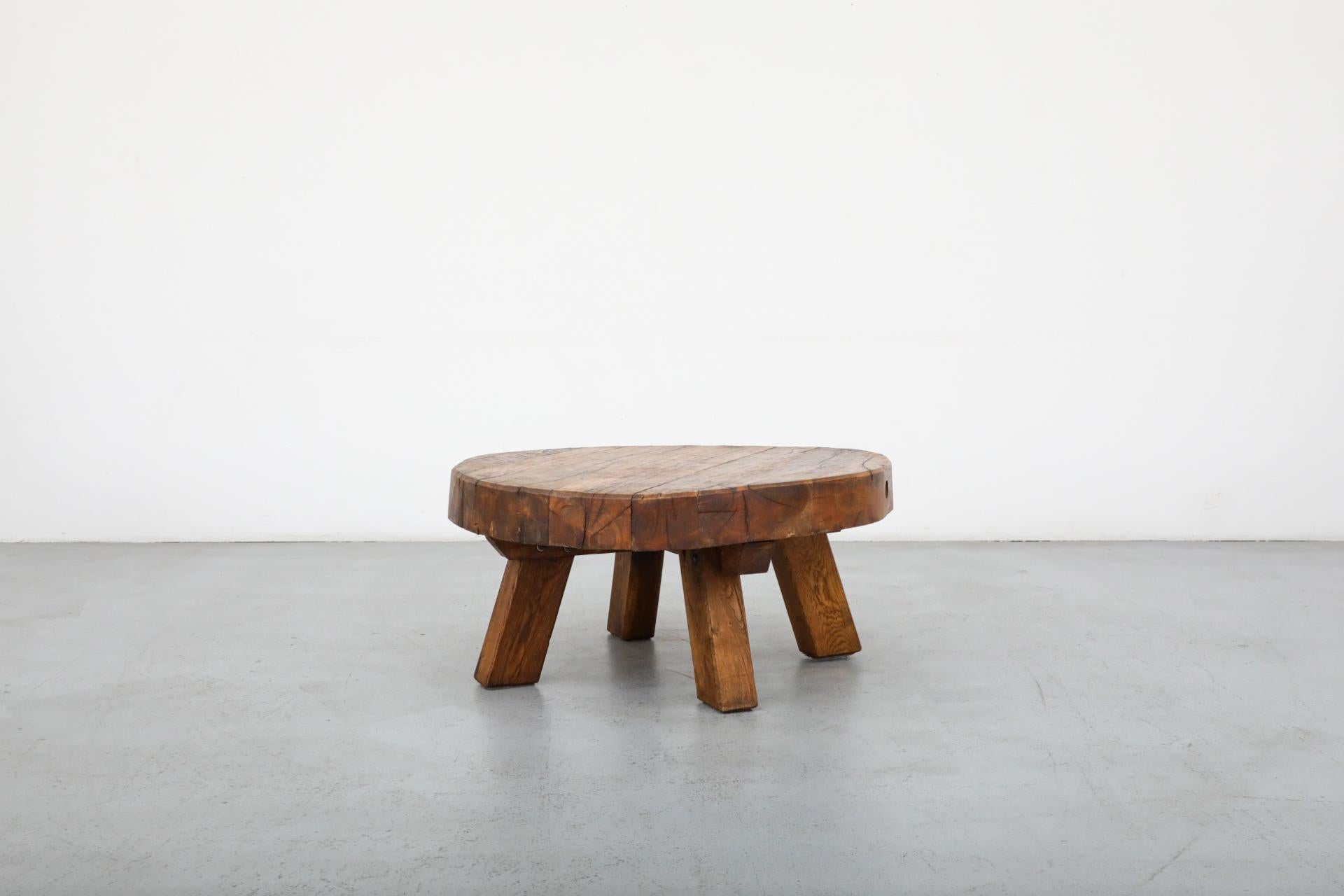 20th Century Pierre Chapo Style Brutalist Round Oak Coffee Table with Thick Slab Top