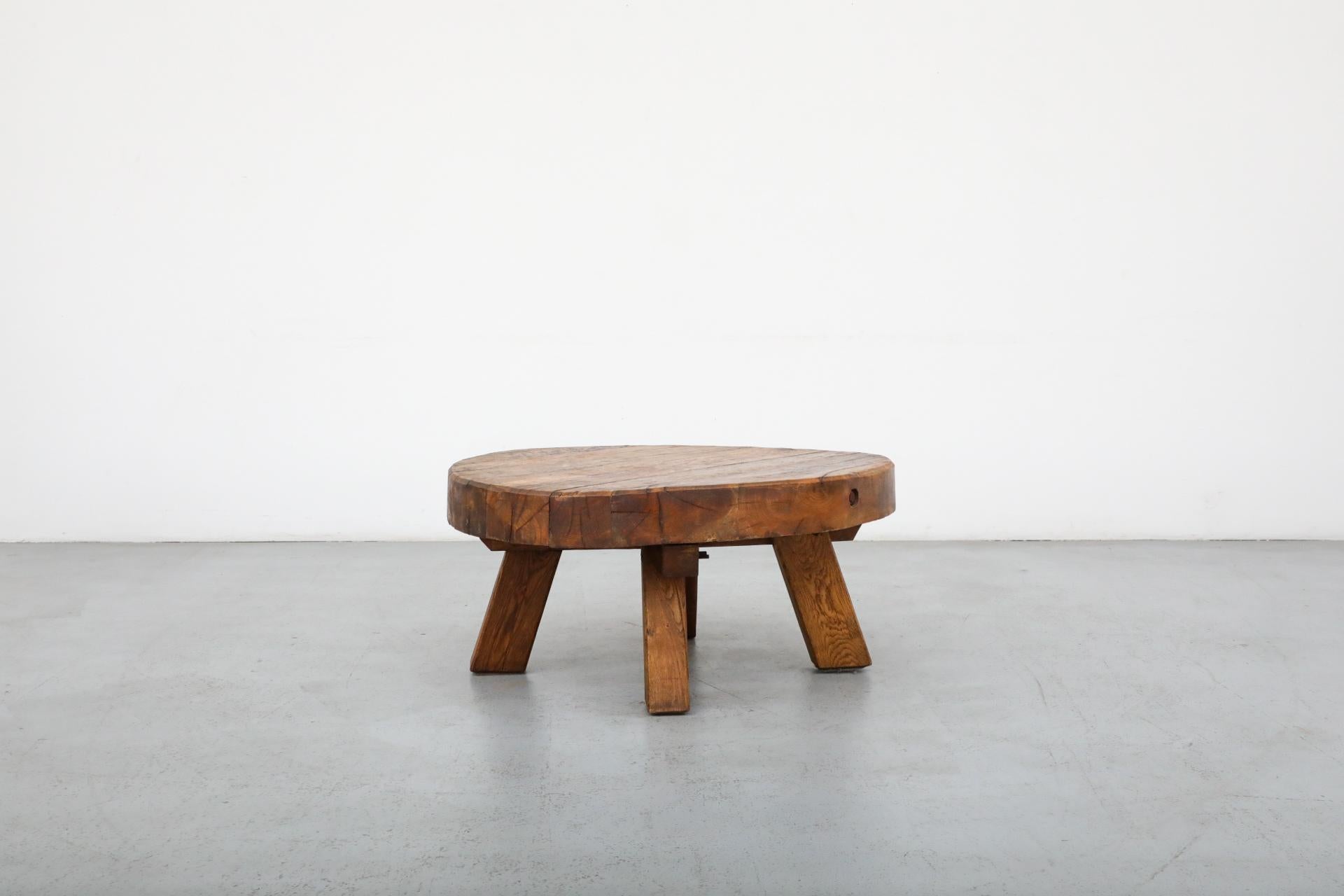 Pierre Chapo Style Brutalist Round Oak Coffee Table with Thick Slab Top 1