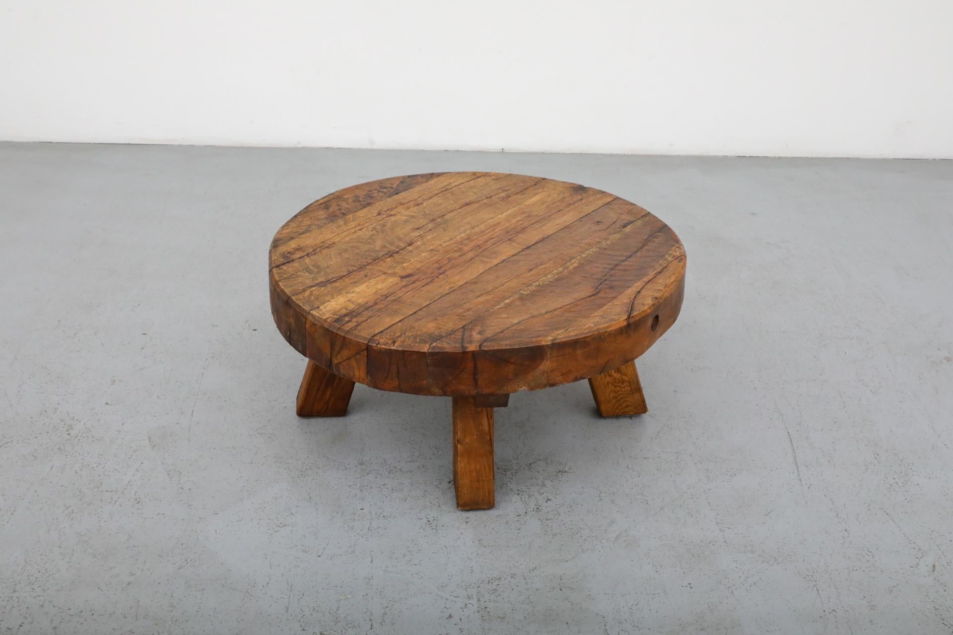 Pierre Chapo Style Brutalist Round Oak Coffee Table with Thick Slab Top 2