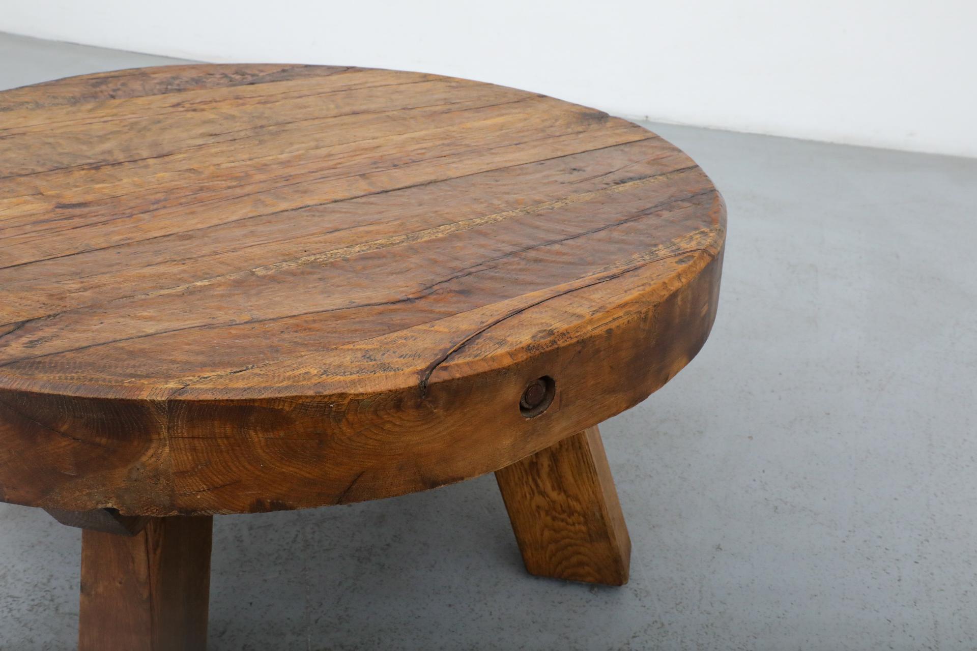 Pierre Chapo Style Brutalist Round Oak Coffee Table with Thick Slab Top 3