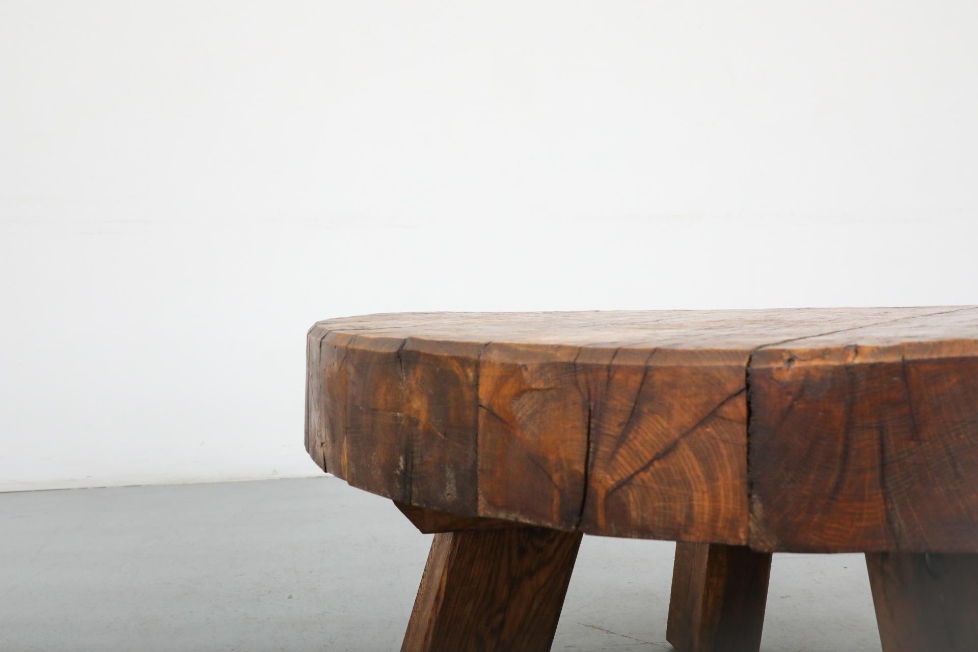 Pierre Chapo Style Brutalist Round Oak Coffee Table with Thick Slab Top 4