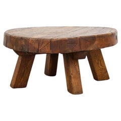 Pierre Chapo Style Brutalist Round Oak Coffee Table with Thick Slab Top