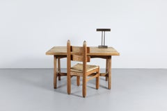 Pierre Chapo Style Brutalist Solid Oak Trestle Table, France, 1970s