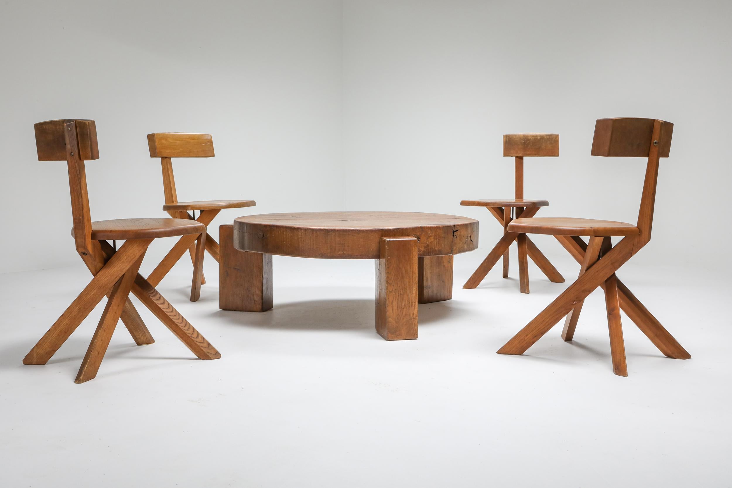 Mid-20th Century Pierre Chapo Style Coffee Table in Solid Oak