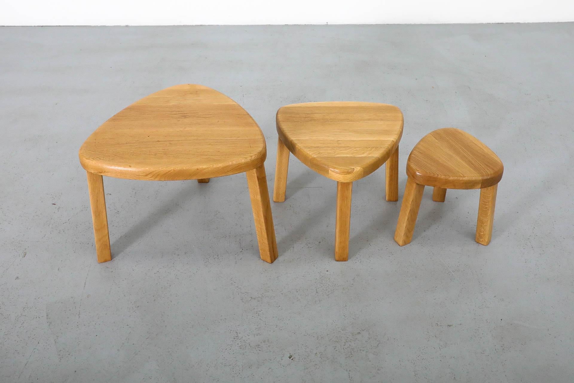 Pierre Chapo Style Curved Triangular Solid Oak Nesting Table Set 4