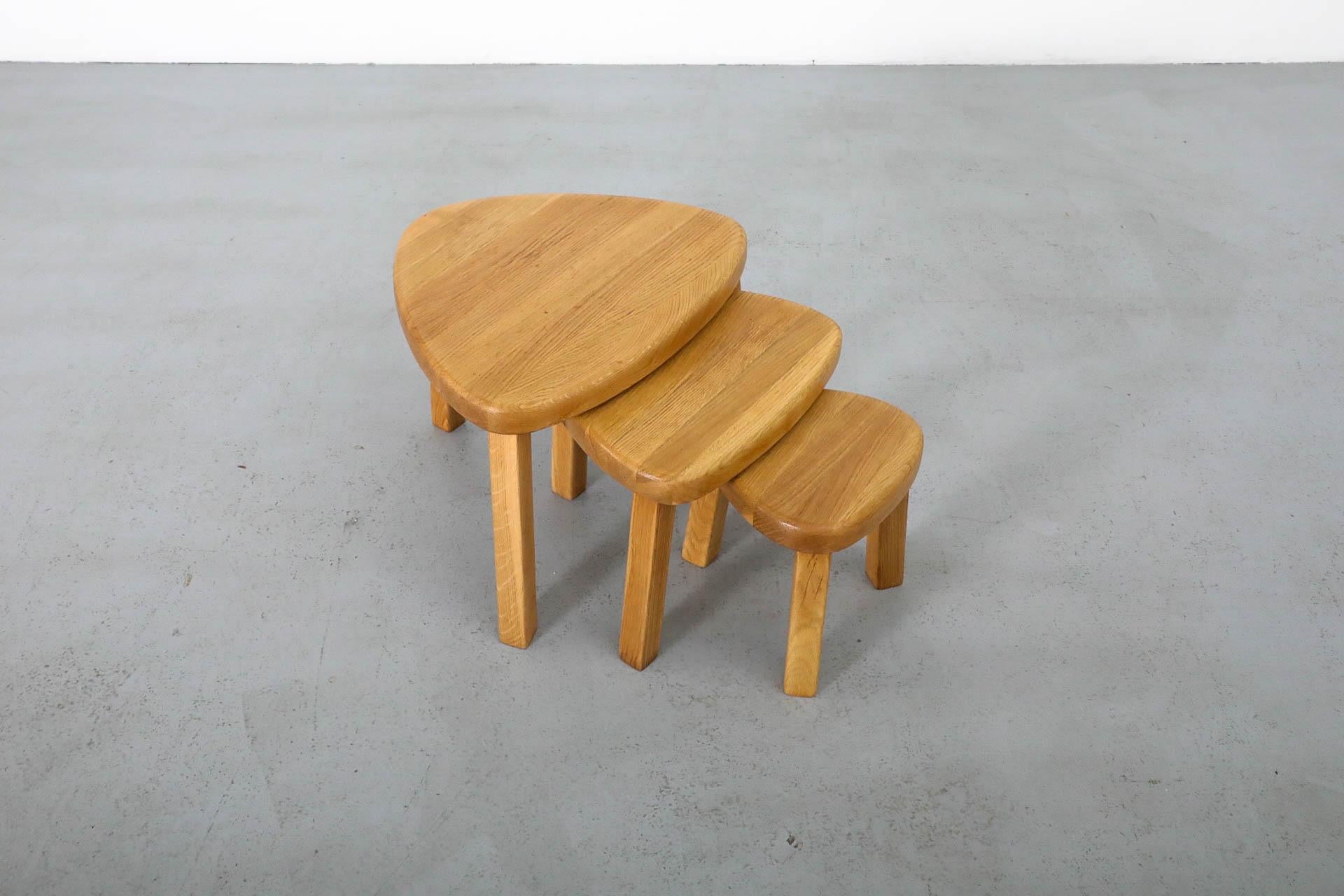 Pierre Chapo Style Curved Triangular Solid Oak Nesting Table Set 5