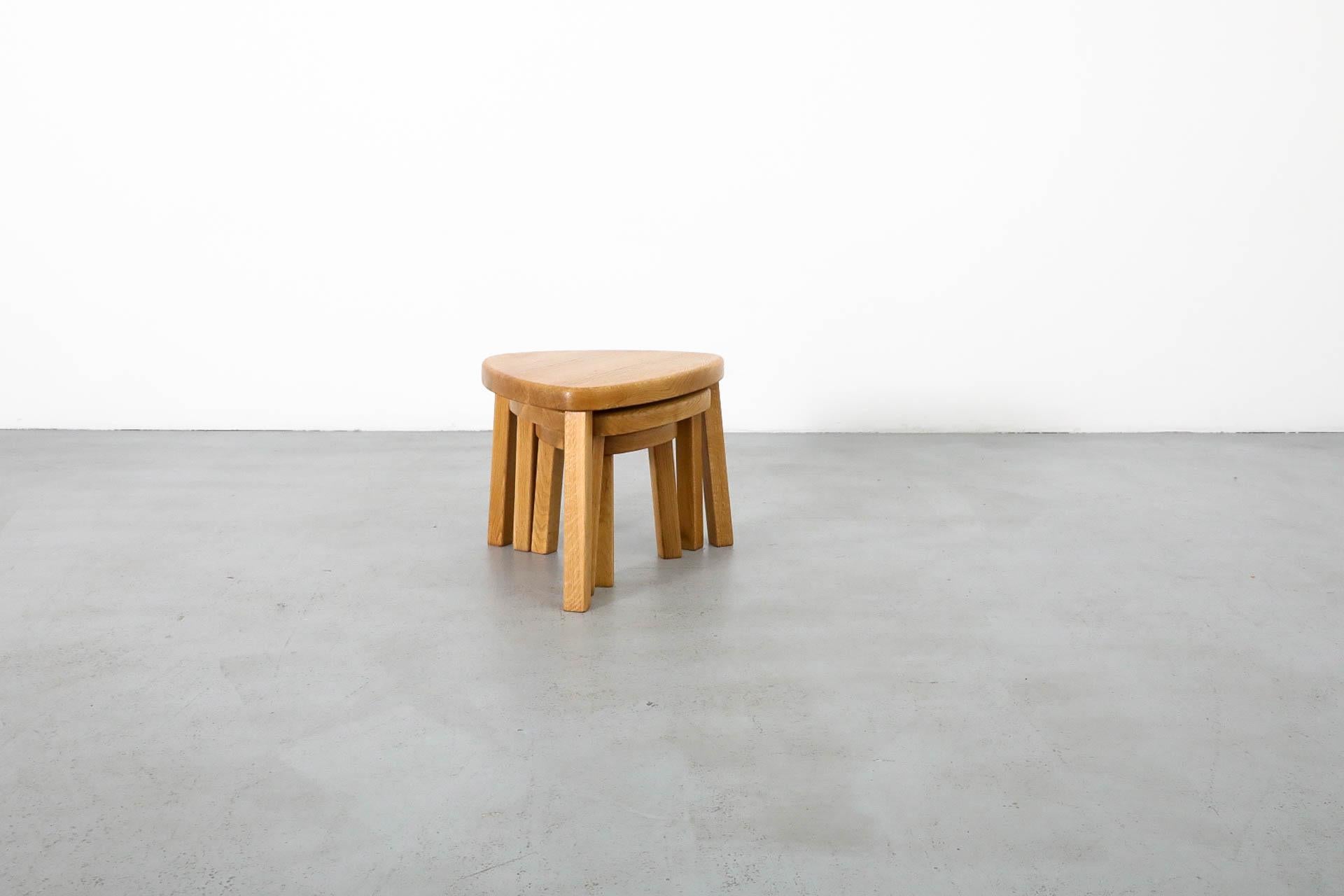 Pierre Chapo Style Curved Triangular Solid Oak Nesting Table Set 6