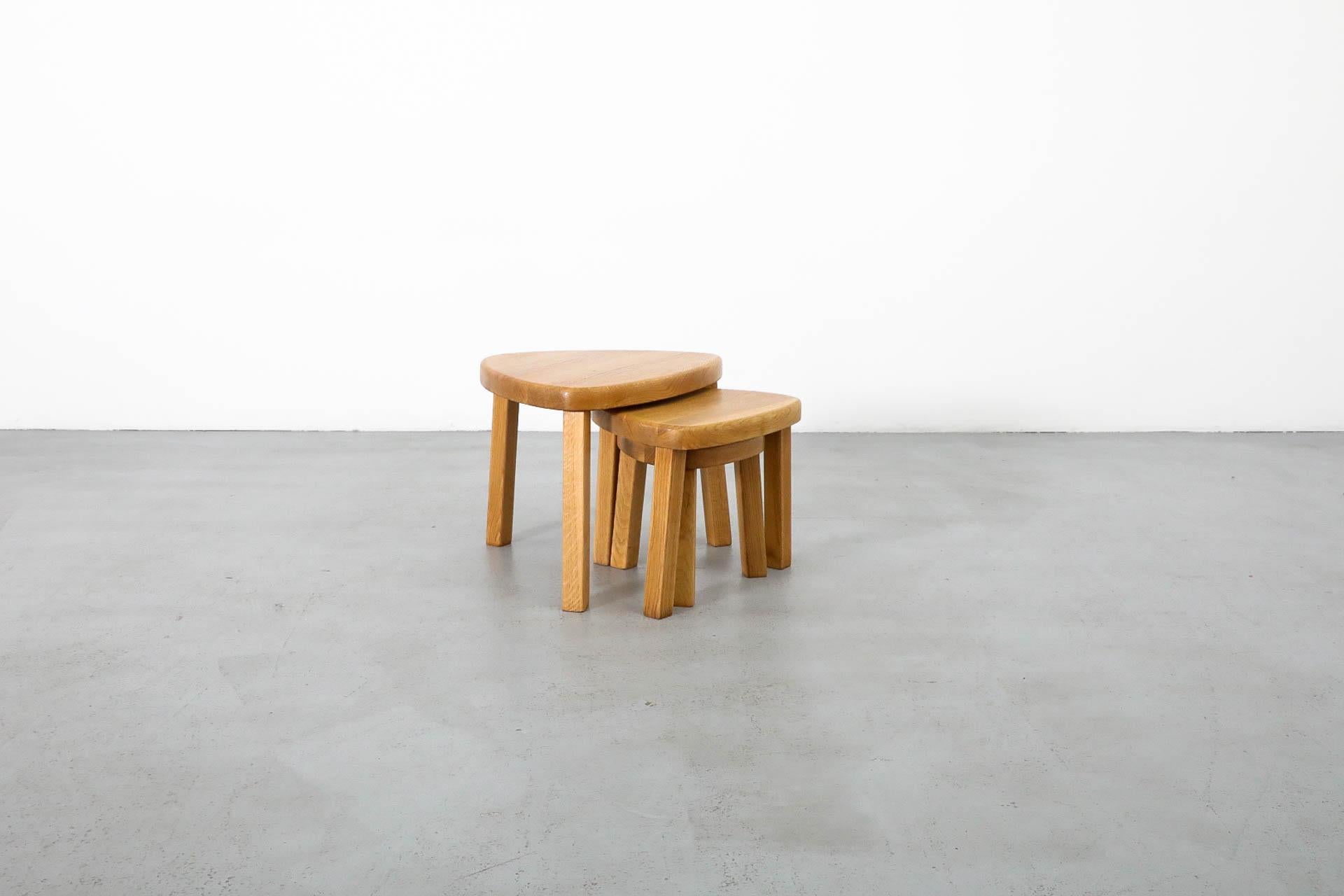 Pierre Chapo Style Curved Triangular Solid Oak Nesting Table Set 7