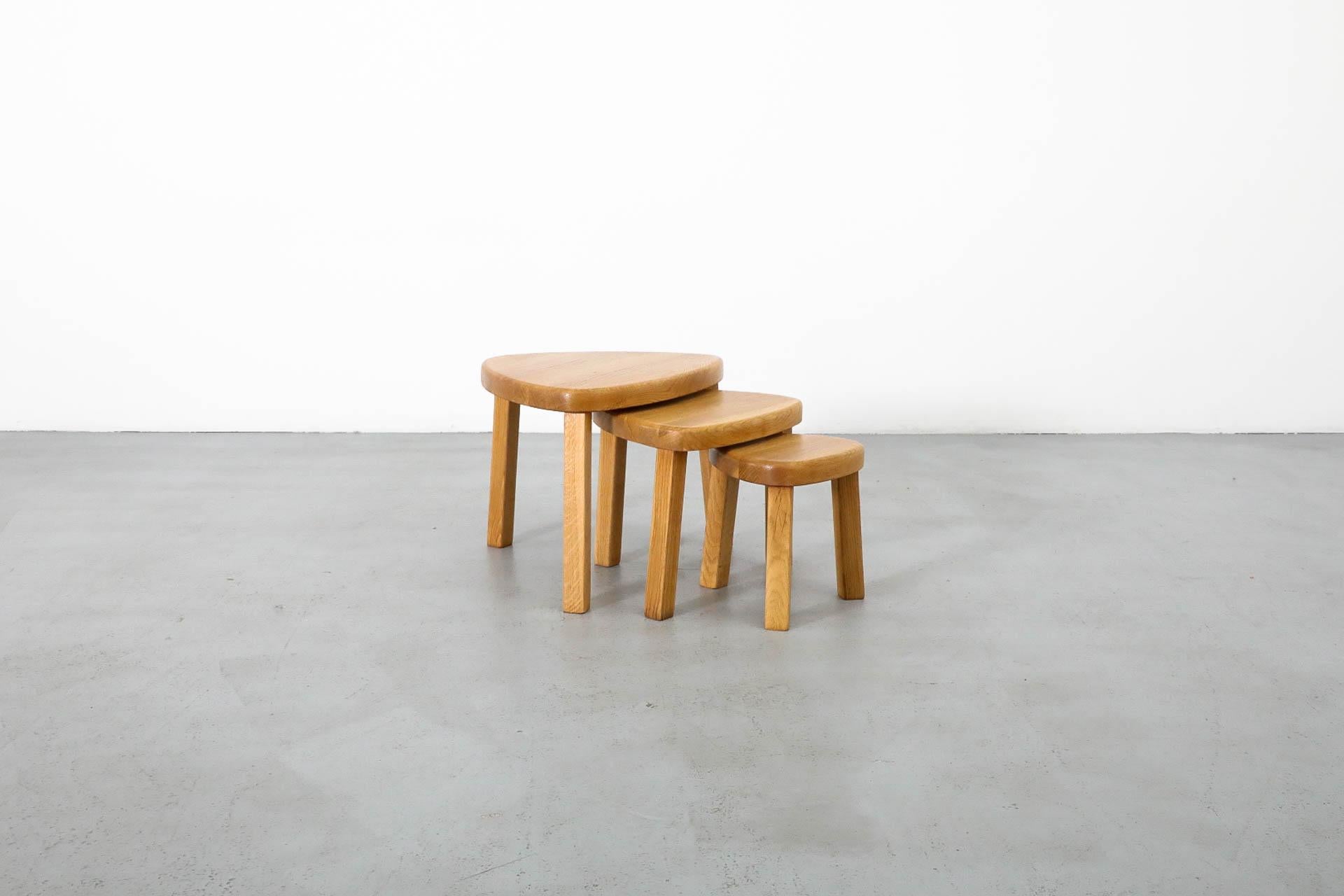 Pierre Chapo Style Curved Triangular Solid Oak Nesting Table Set 8
