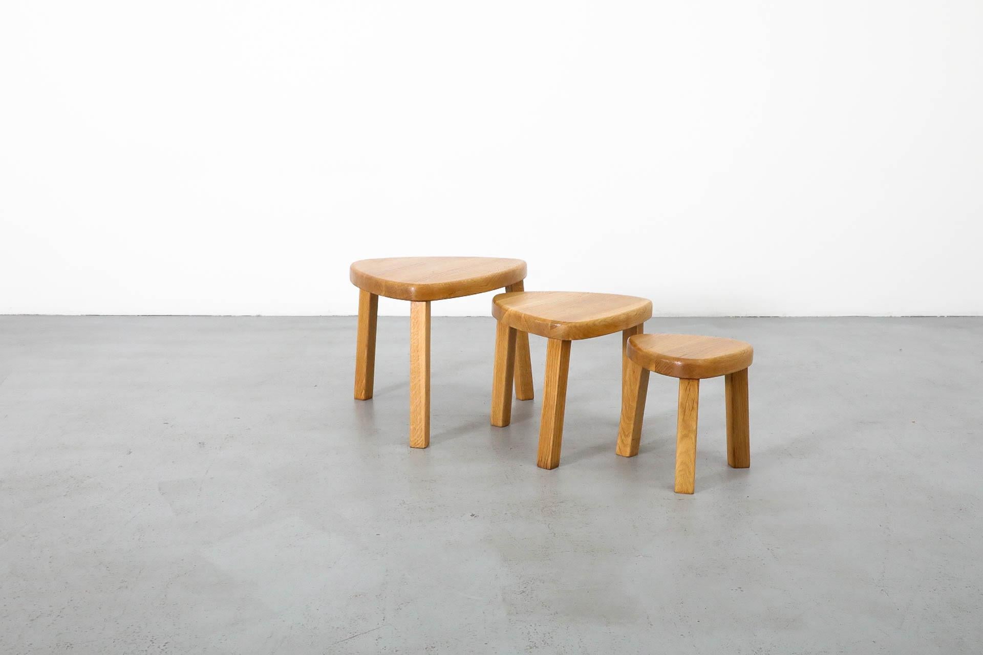 Pierre Chapo Style Curved Triangular Solid Oak Nesting Table Set 9