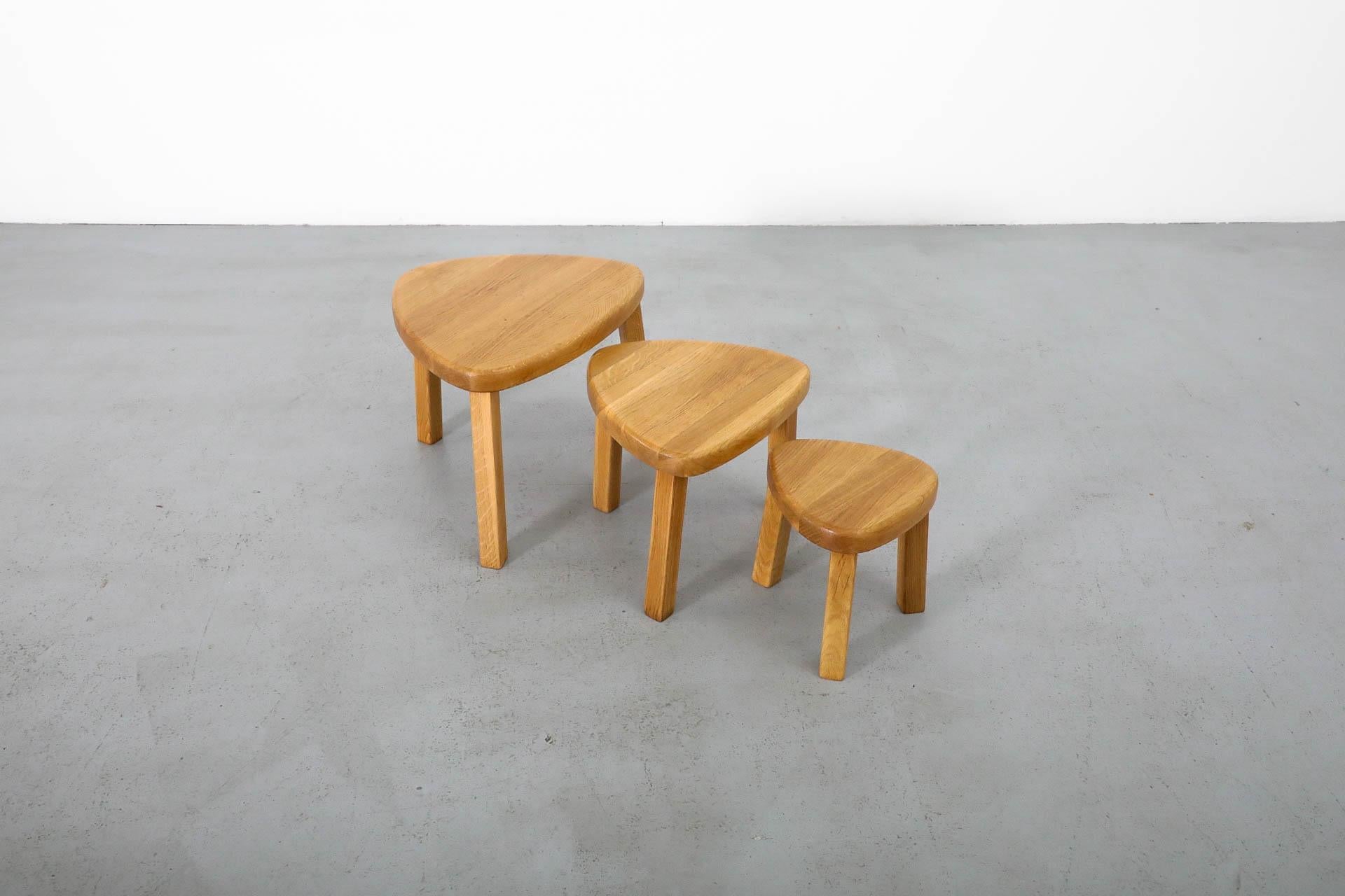 Pierre Chapo Style Curved Triangular Solid Oak Nesting Table Set 10