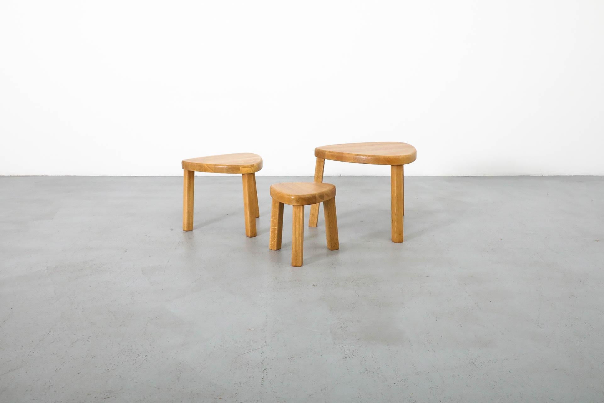 Mid-Century Modern Pierre Chapo Style Curved Triangular Solid Oak Nesting Table Set