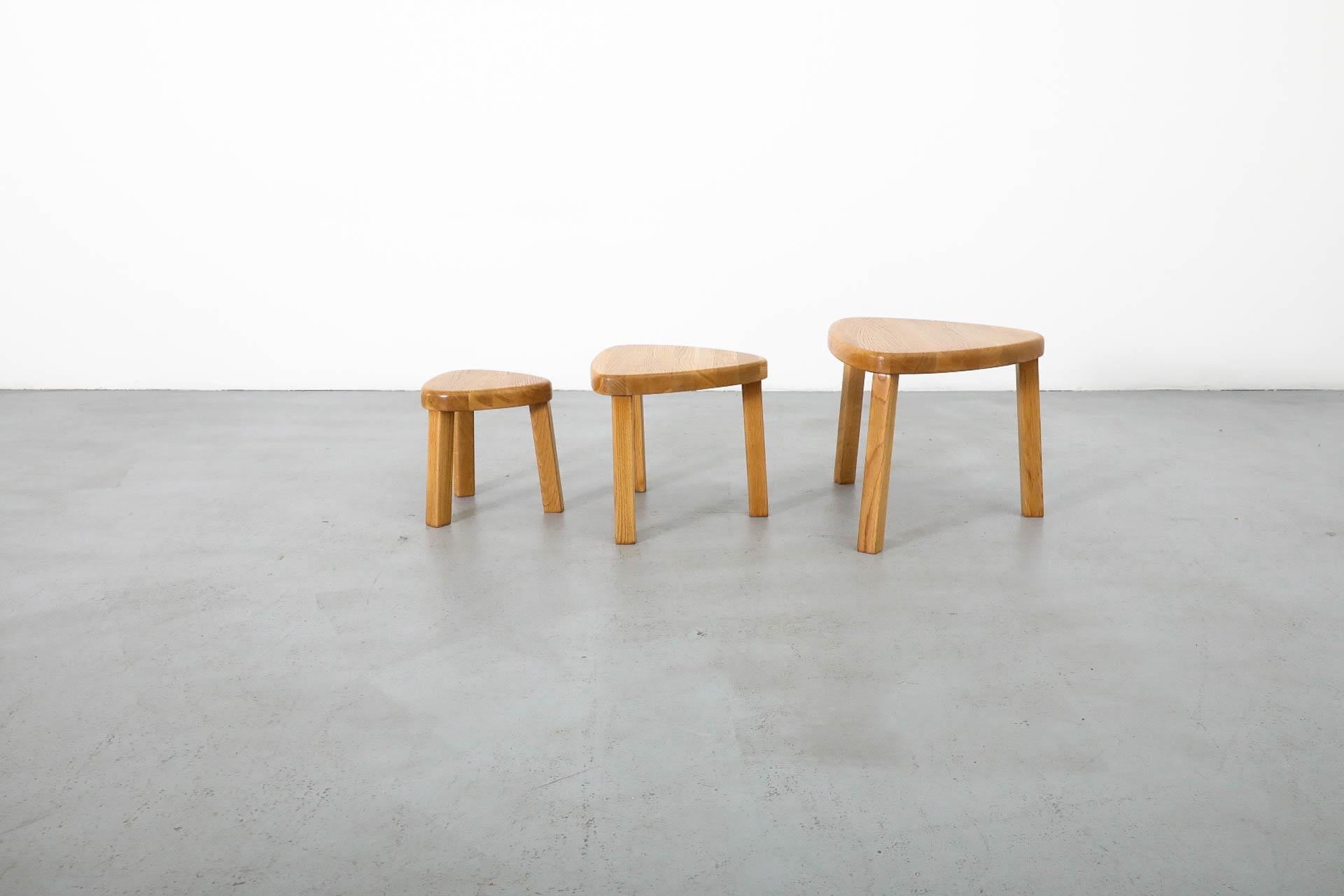 Dutch Pierre Chapo Style Curved Triangular Solid Oak Nesting Table Set