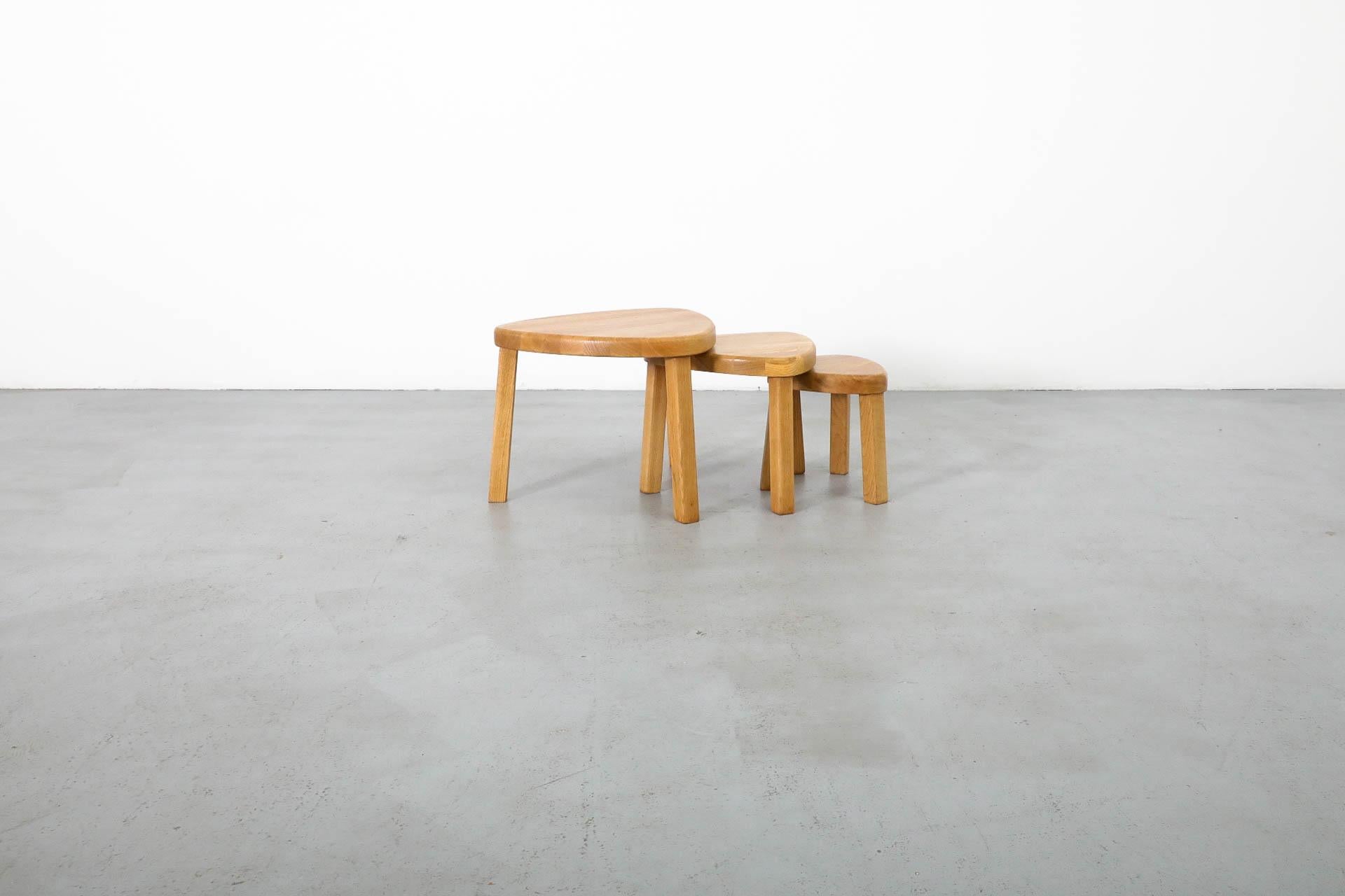 20th Century Pierre Chapo Style Curved Triangular Solid Oak Nesting Table Set