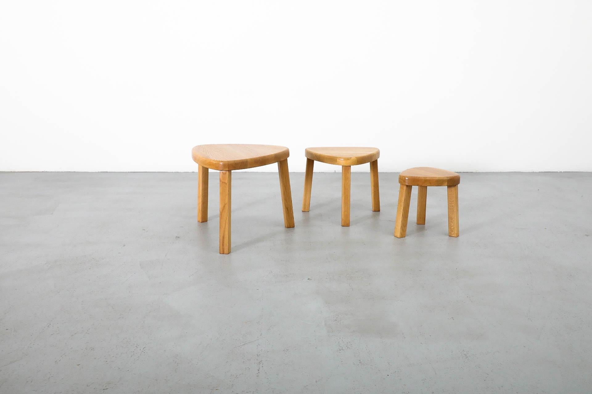 Pierre Chapo Style Curved Triangular Solid Oak Nesting Table Set 1