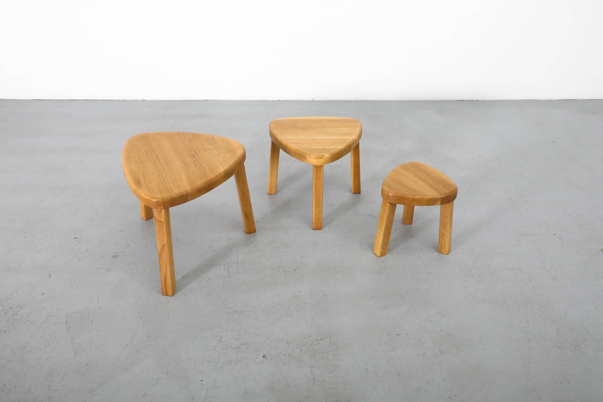 Pierre Chapo Style Curved Triangular Solid Oak Nesting Table Set 2