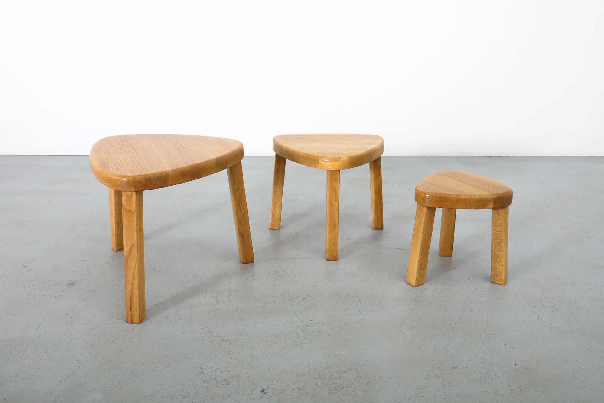 Pierre Chapo Style Curved Triangular Solid Oak Nesting Table Set 3