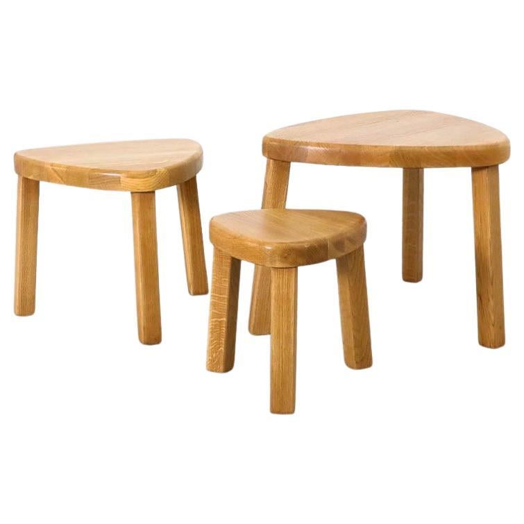 Pierre Chapo Style Curved Triangular Solid Oak Nesting Table Set