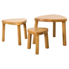 Pierre Chapo Style Curved Triangular Solid Oak Nesting Table Set