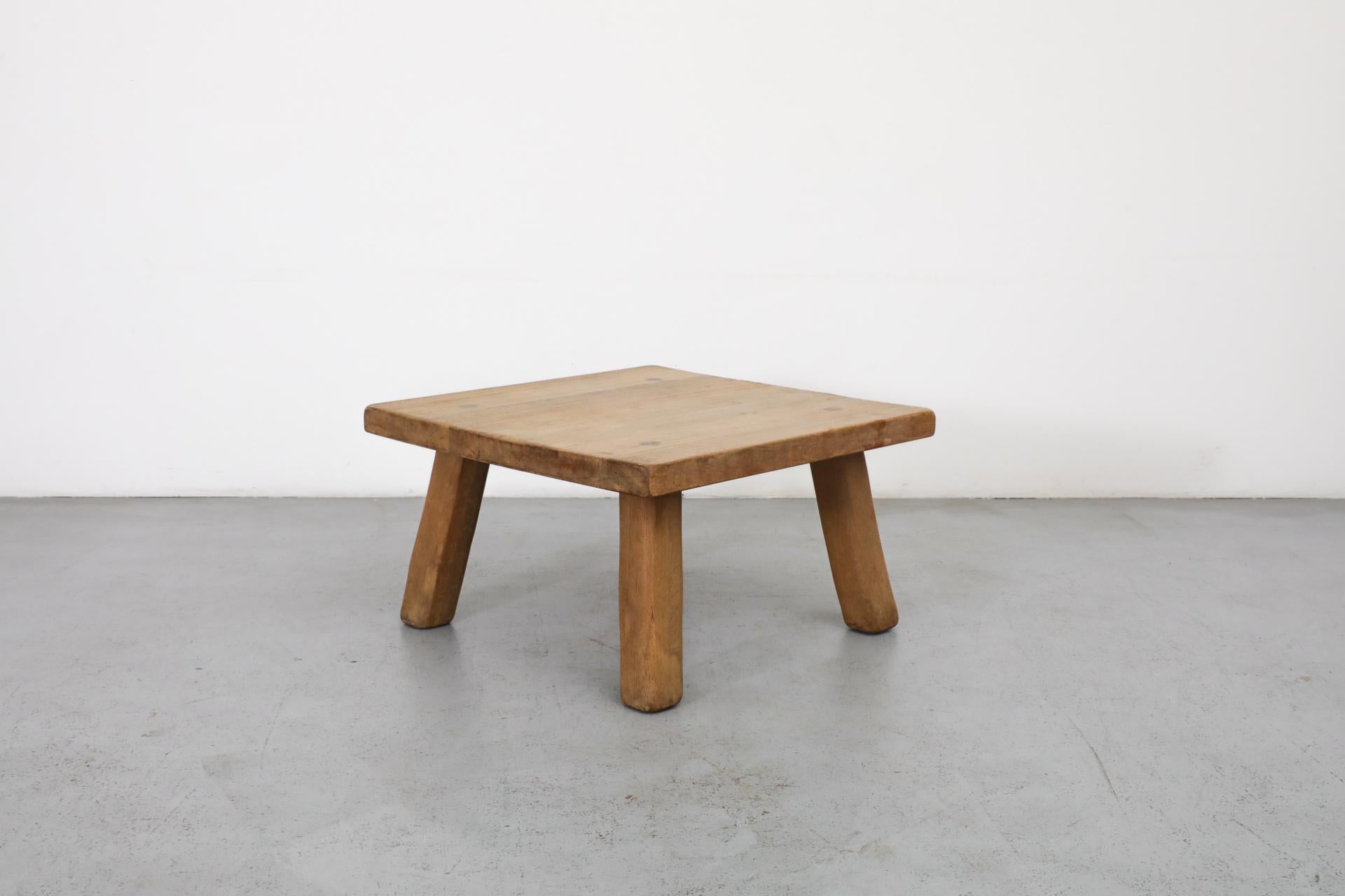 Pierre Chapo Style Square Brutalist Oak Coffee Table with Thick Top In Good Condition For Sale In Los Angeles, CA