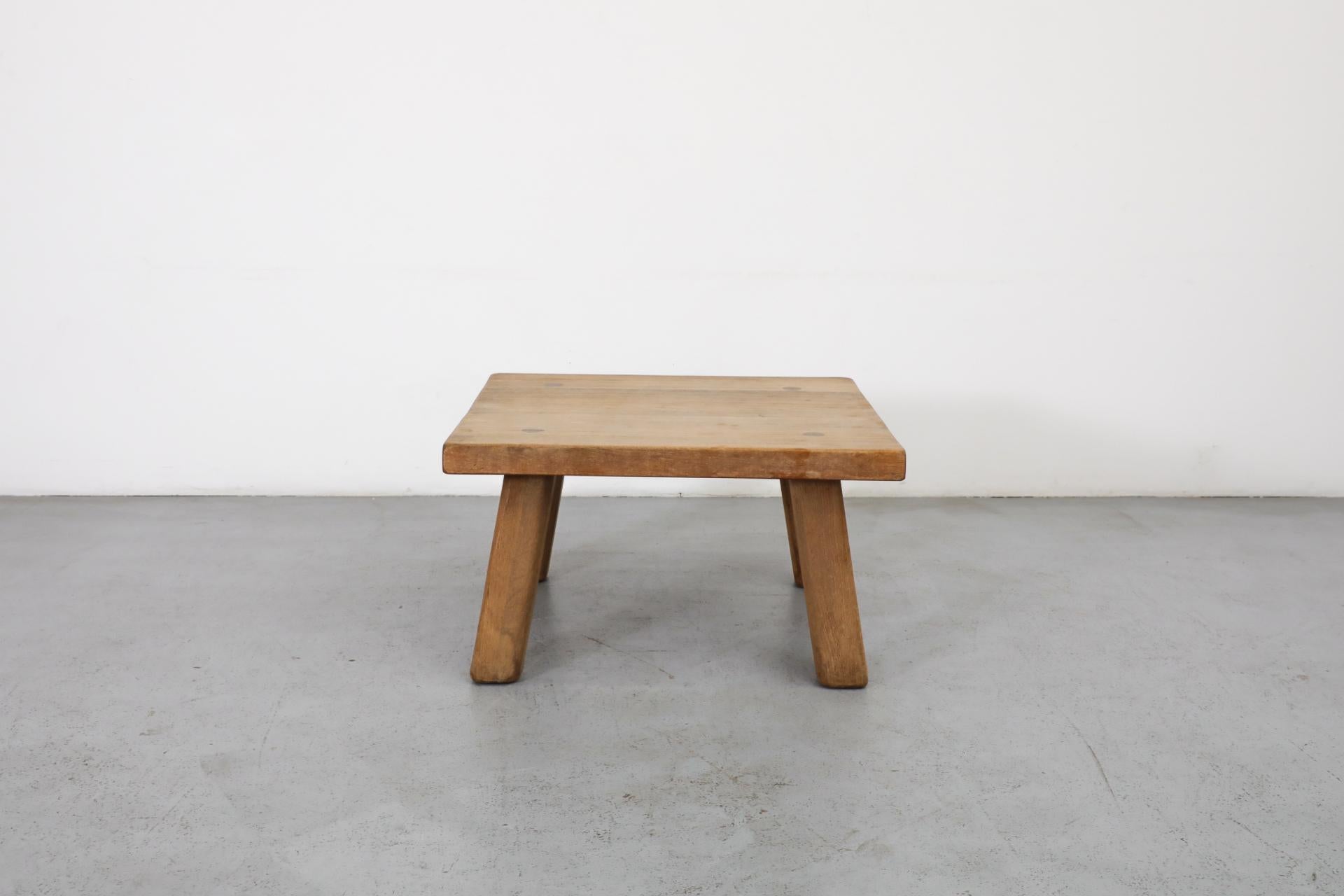 20th Century Pierre Chapo Style Square Brutalist Oak Coffee Table with Thick Top For Sale
