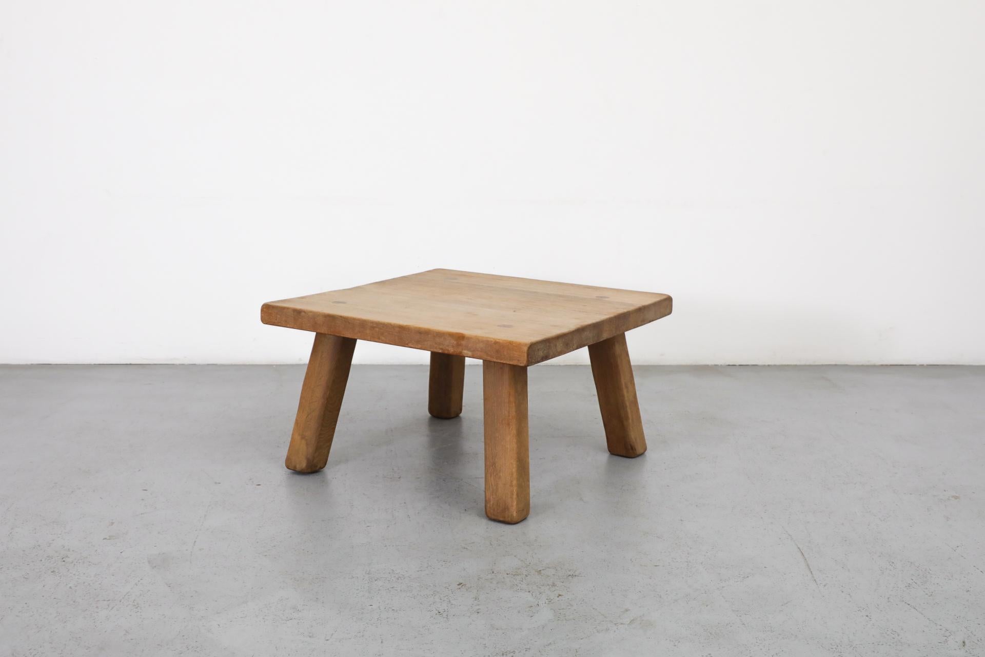 Pierre Chapo Style Square Brutalist Oak Coffee Table with Thick Top For Sale 1
