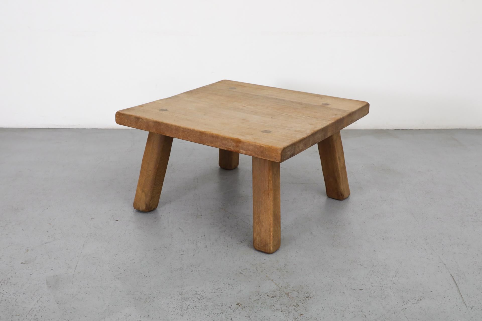 Pierre Chapo Style Square Brutalist Oak Coffee Table with Thick Top For Sale 2