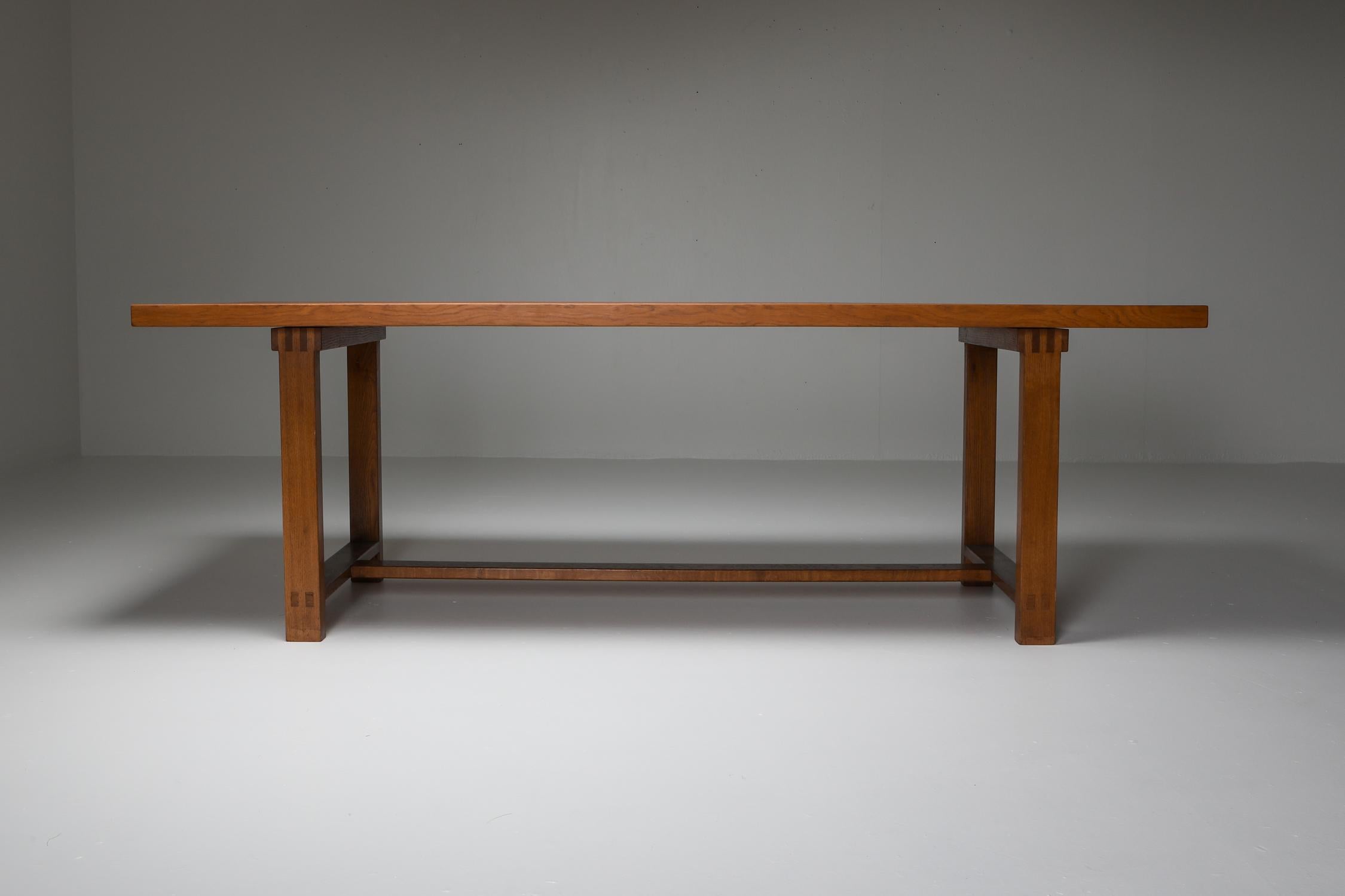 Pierre Chapo, solid elm dining table, T01D, France, 1960s.

Superb and rare rectangular dining table measuring 226 wide.
We've matched these with original S24 dining chairs in elm and natural tan leather, which are available in another