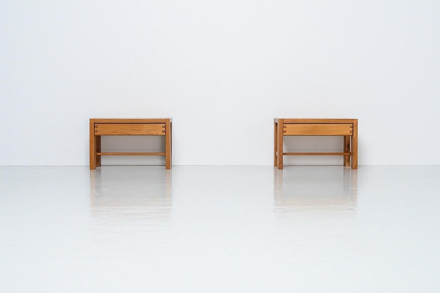 Stunning pair of night tables or cabinets model T07, designed by the master woodworker Pierre Chapo and manufactured in his own atelier in France, 1960s. Thee nightstands are characteristic for his work and the very modest and simplistic design is