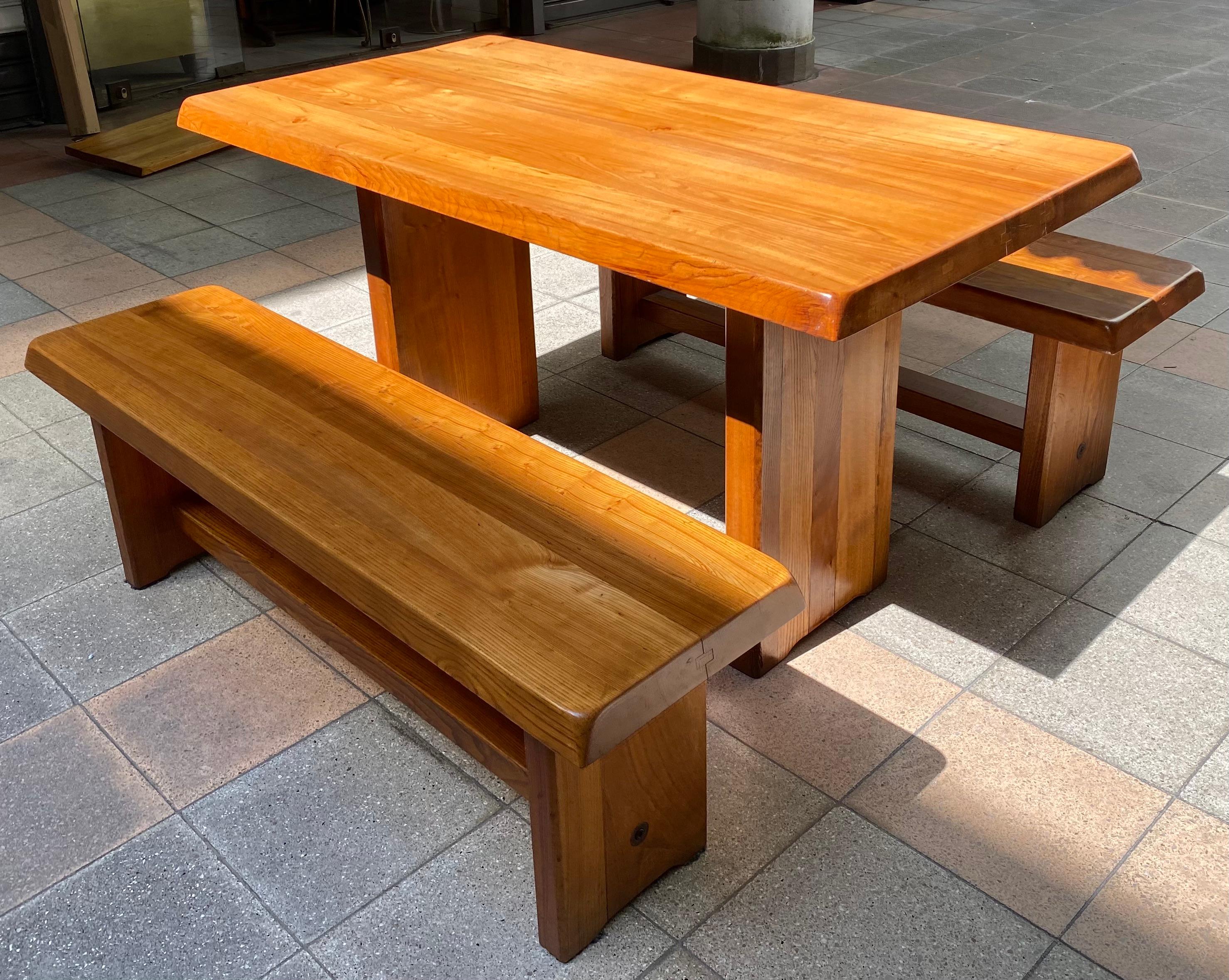 Elm Pierre Chapo - T14a Table and Benches Set - circa 1970 For Sale