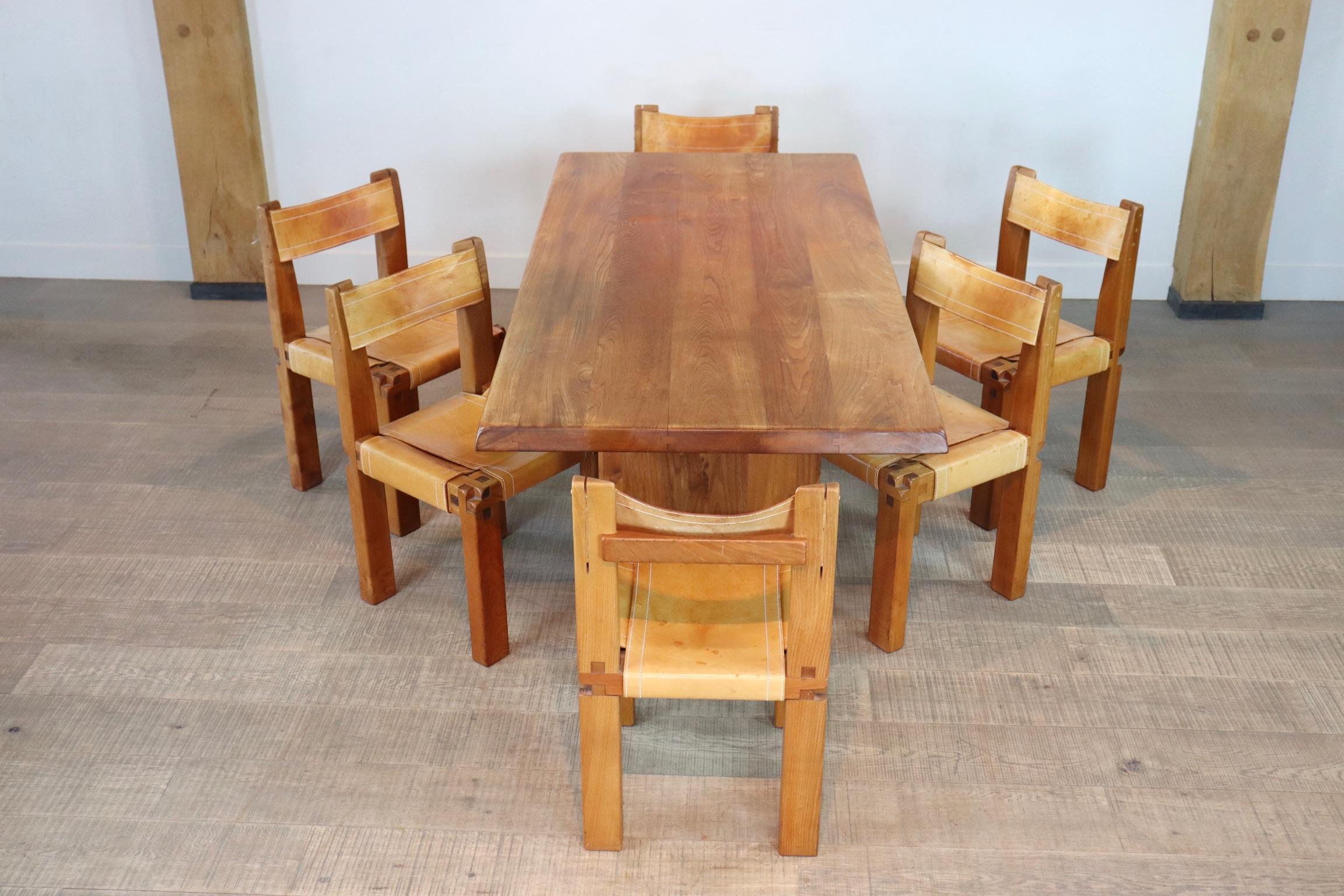 Pierre Chapo T14C Table and S11 Chairs Dining Set in Elm and Leather 5