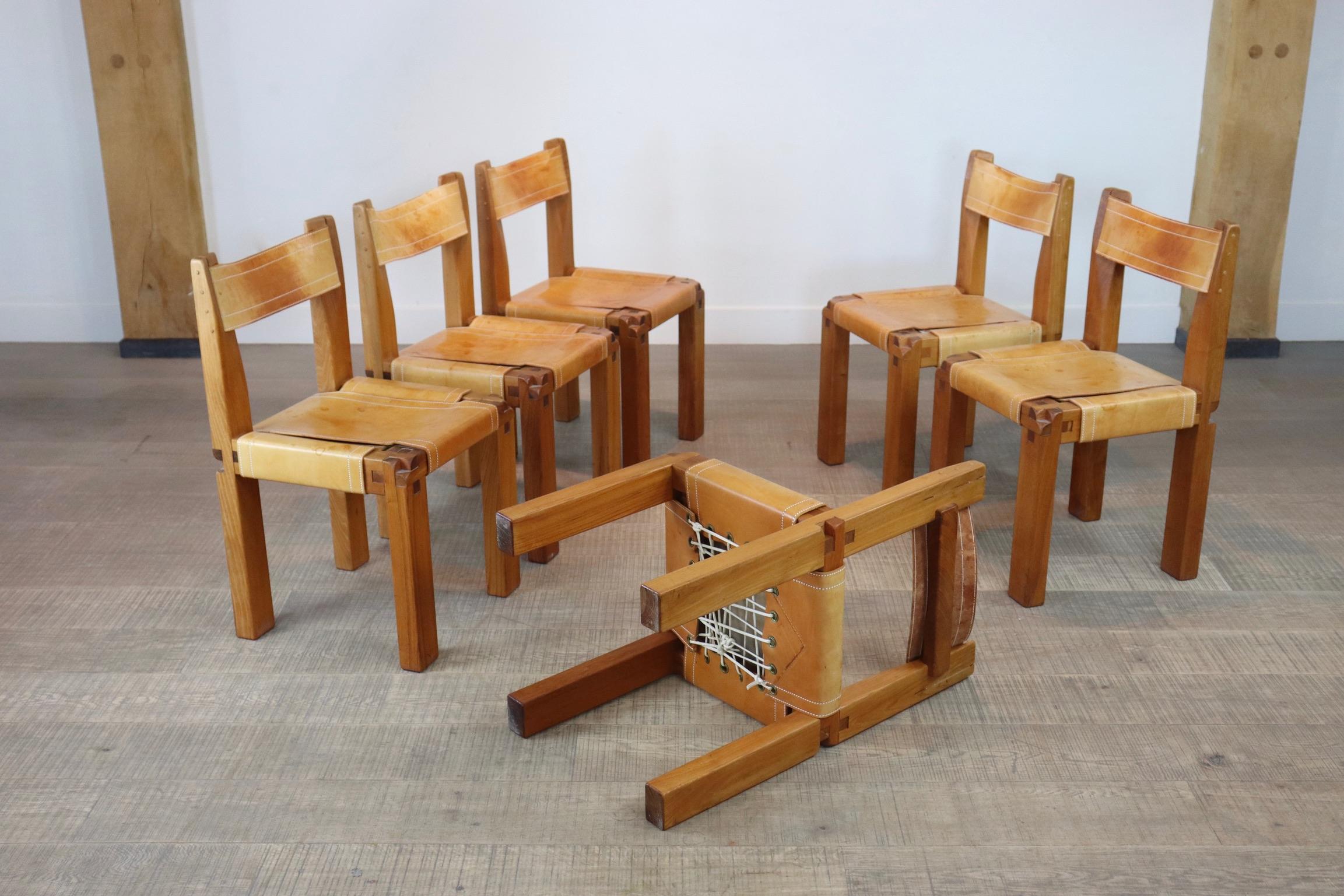 Pierre Chapo T14C Table and S11 Chairs Dining Set in Elm and Leather 9
