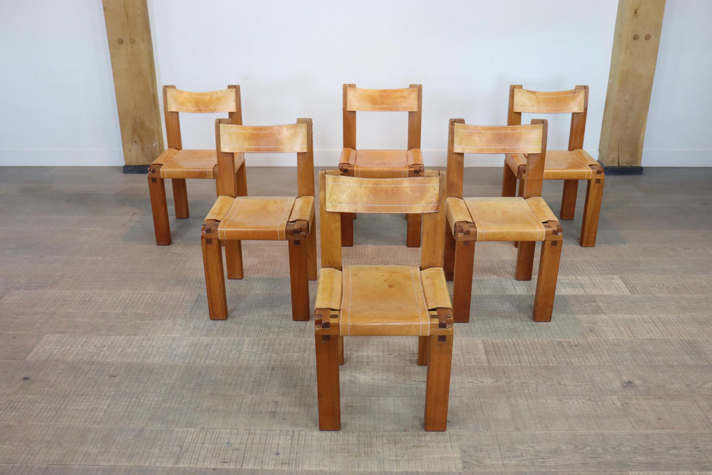 Pierre Chapo T14C Table and S11 Chairs Dining Set in Elm and Leather 10