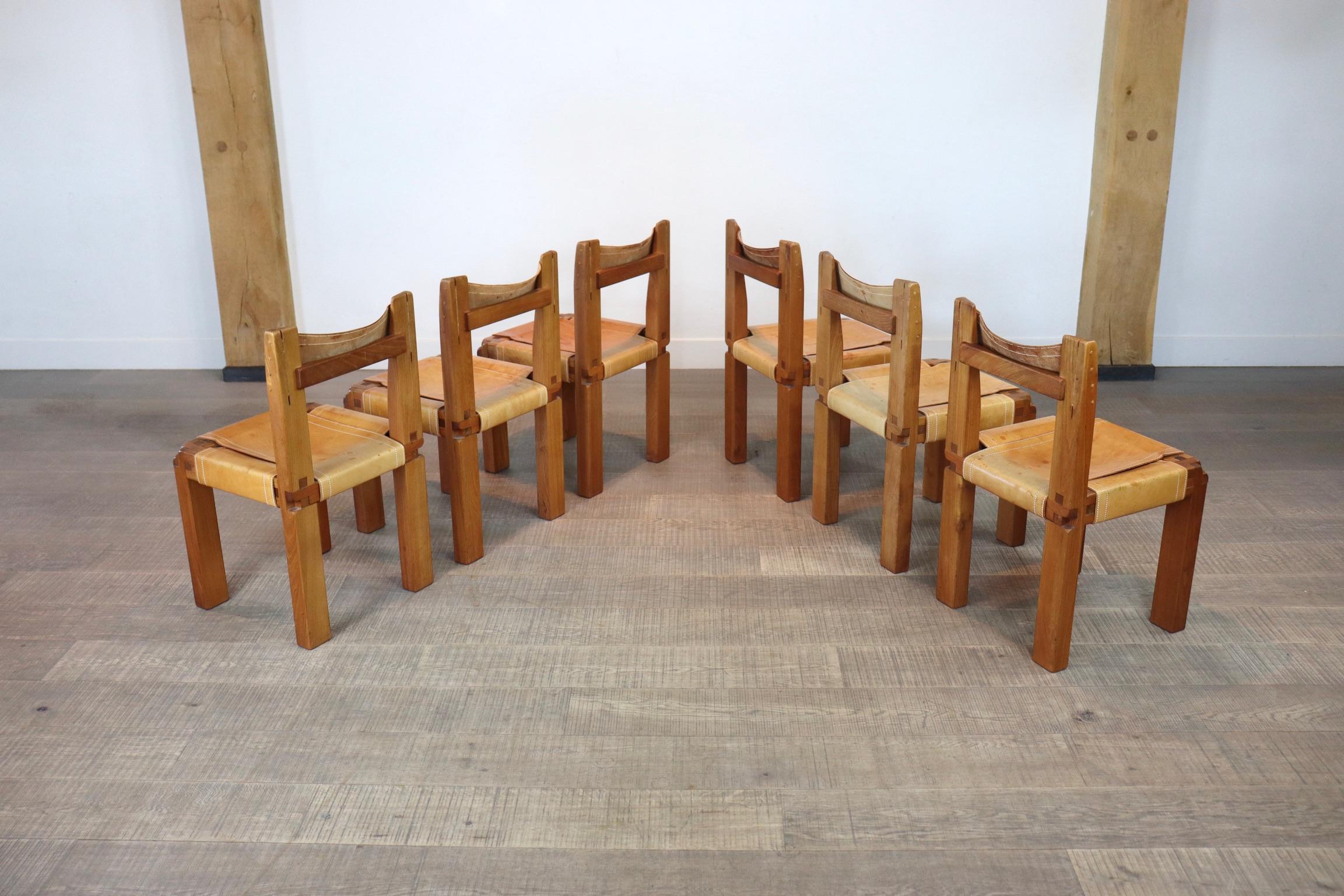 Pierre Chapo T14C Table and S11 Chairs Dining Set in Elm and Leather 11