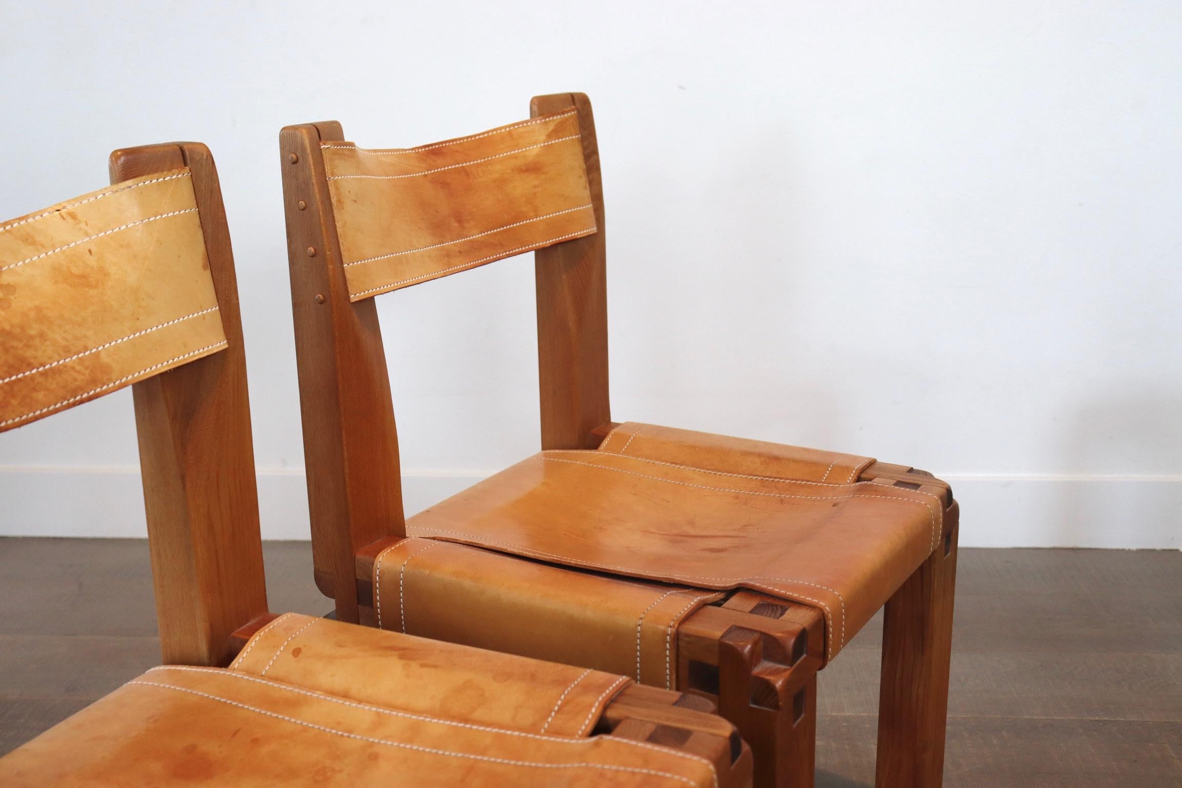 Pierre Chapo T14C Table and S11 Chairs Dining Set in Elm and Leather 13