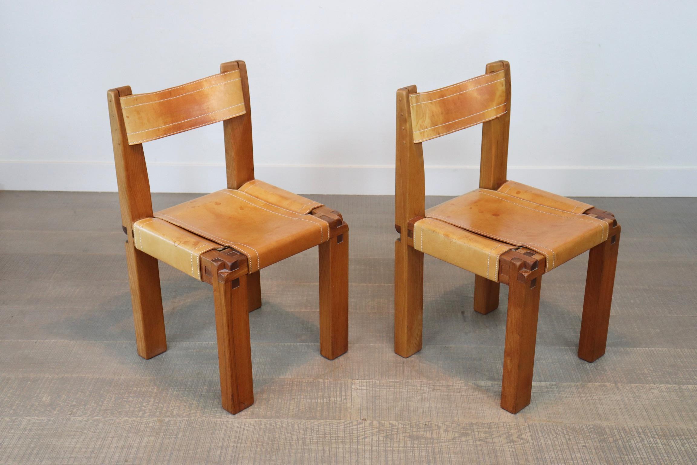 Pierre Chapo T14C Table and S11 Chairs Dining Set in Elm and Leather 14