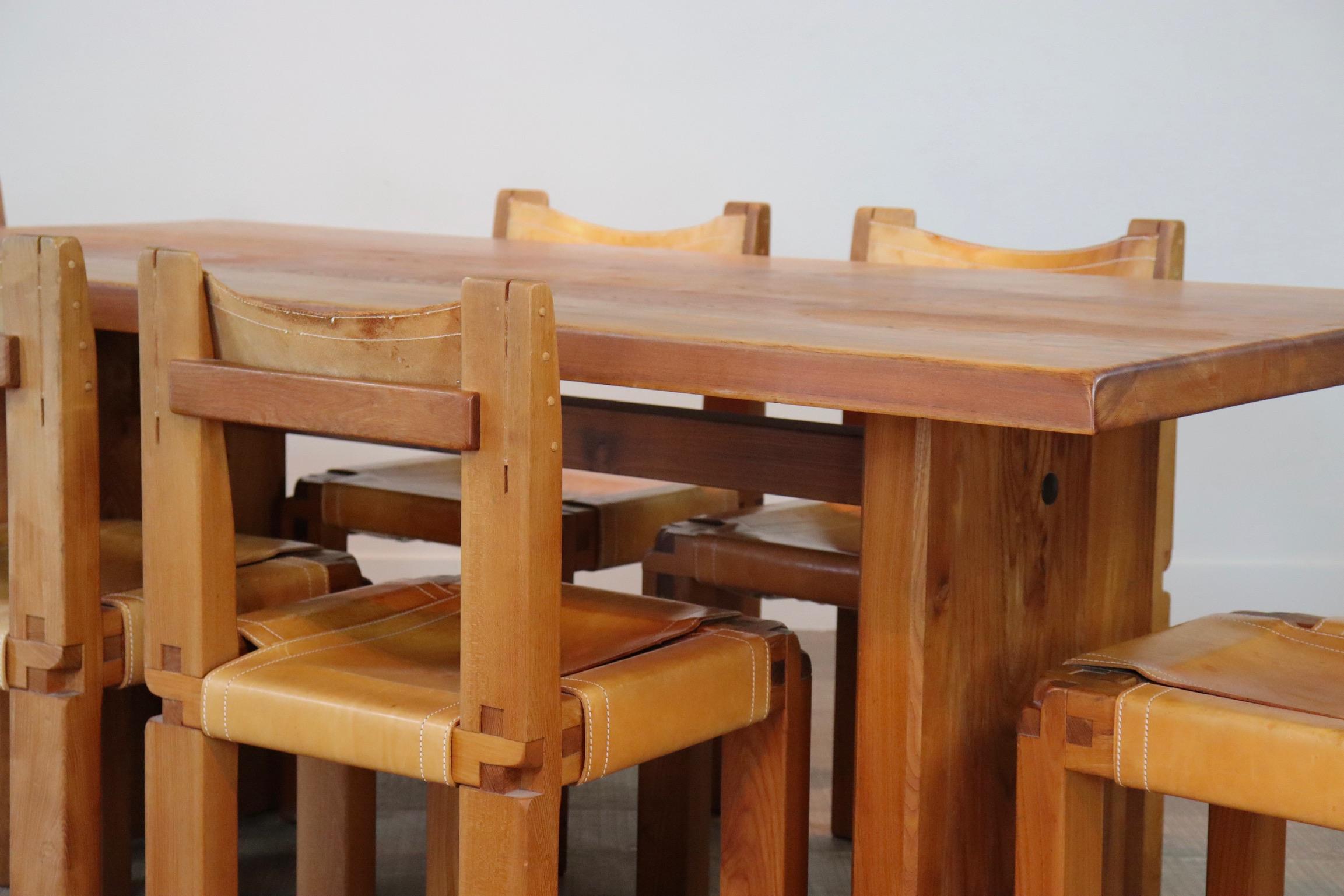 Mid-Century Modern Pierre Chapo T14C Table and S11 Chairs Dining Set in Elm and Leather