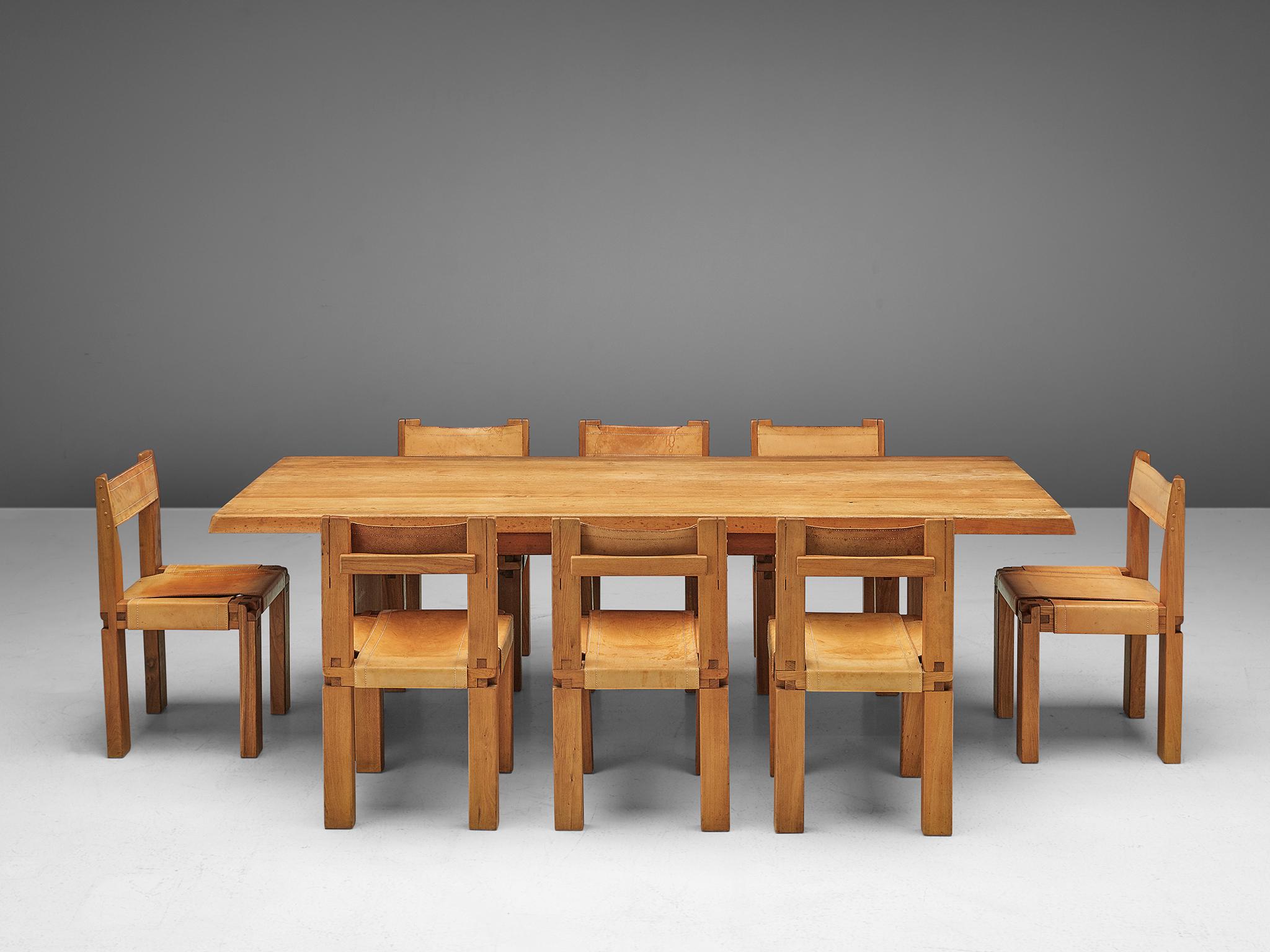 Mid-Century Modern Pierre Chapo T14C Table and S11 Chairs Dining Set in Elm and Leather